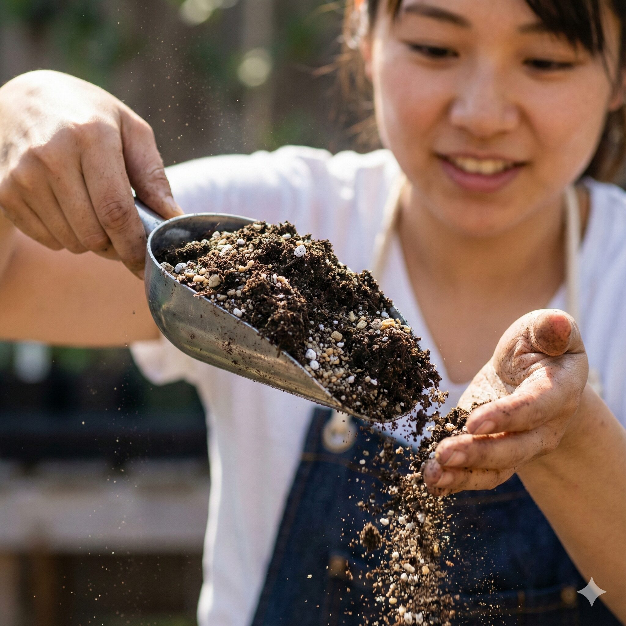 芝桜 植える時期3 水はけを良くするために川砂やパーライトを混ぜ込んだ、芝桜の植え付けに適した用土のクローズアップ。