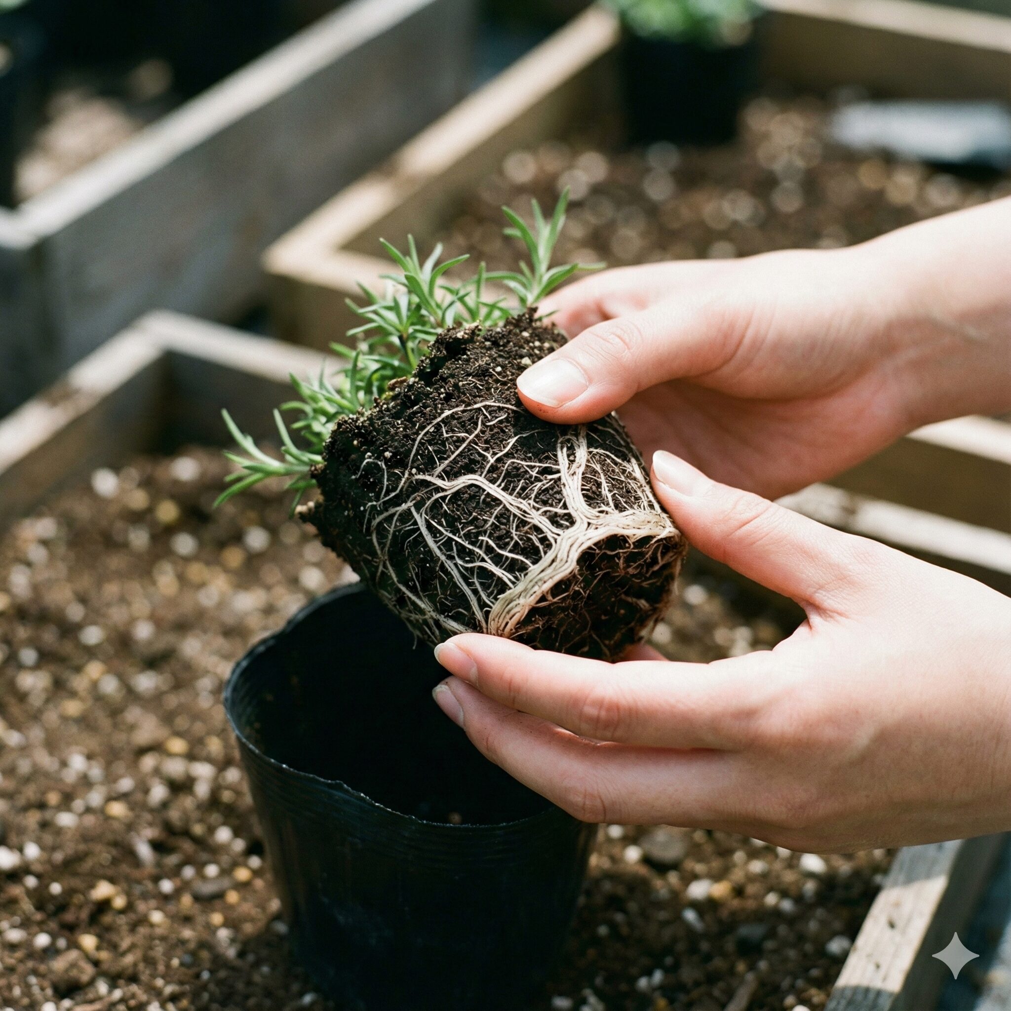 芝桜 植える時期4 ポットから引き抜いて根の張り具合を確認している芝桜の苗。健康的な白い根が十分に回っている良い苗の例。
