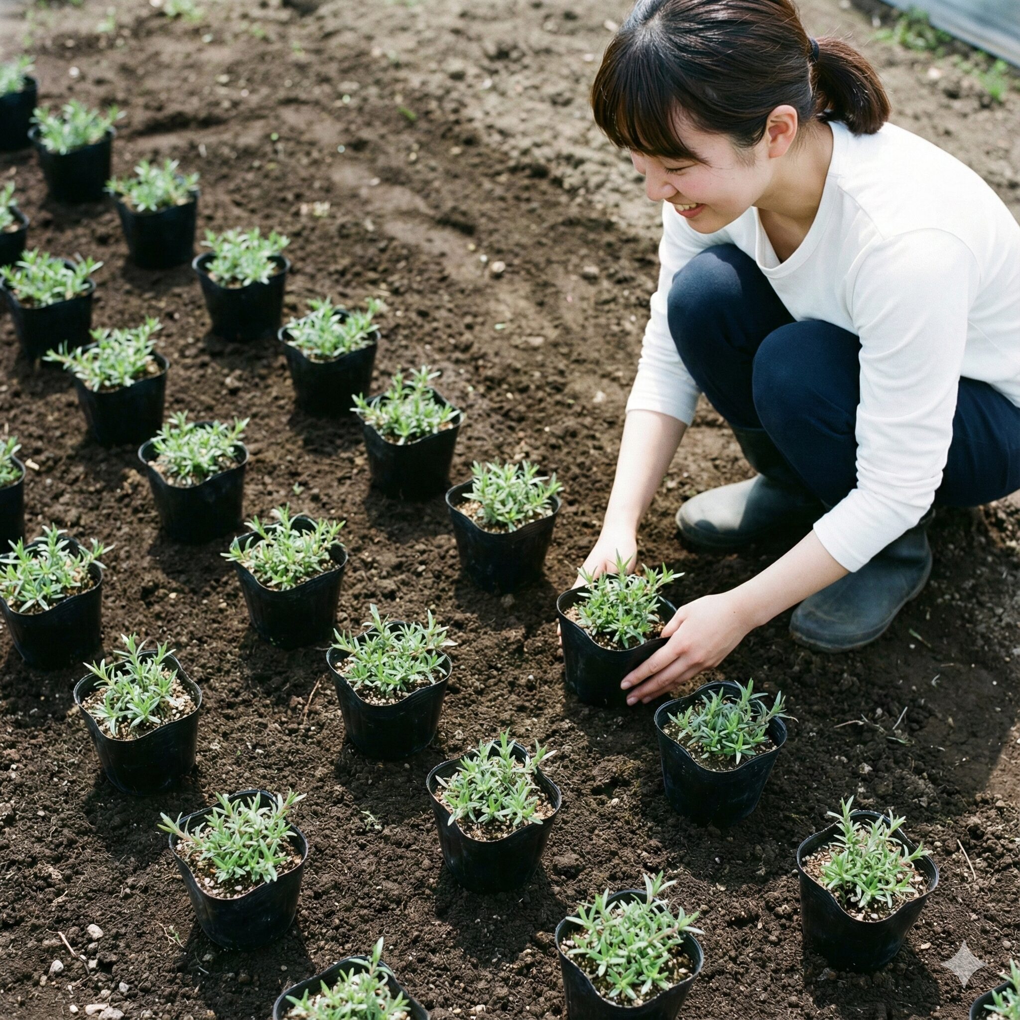 芝桜 植える時期5 芝桜を地面を効率よく覆うために、互い違いに配置する「千鳥植え」の間隔で仮置きした様子。