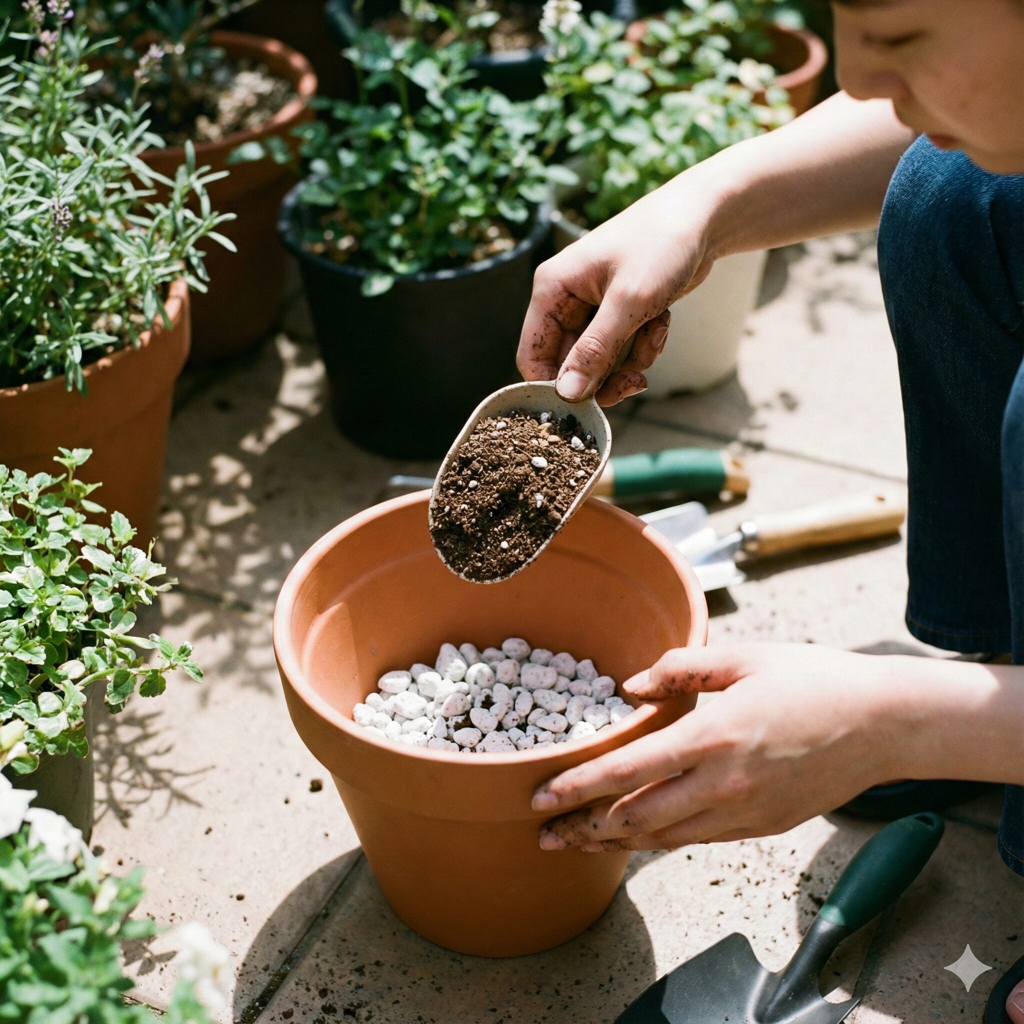 芝桜 植える時期6 水はけを確保するために、植木鉢の底に鉢底石を敷き詰めているガーデニング作業の様子。