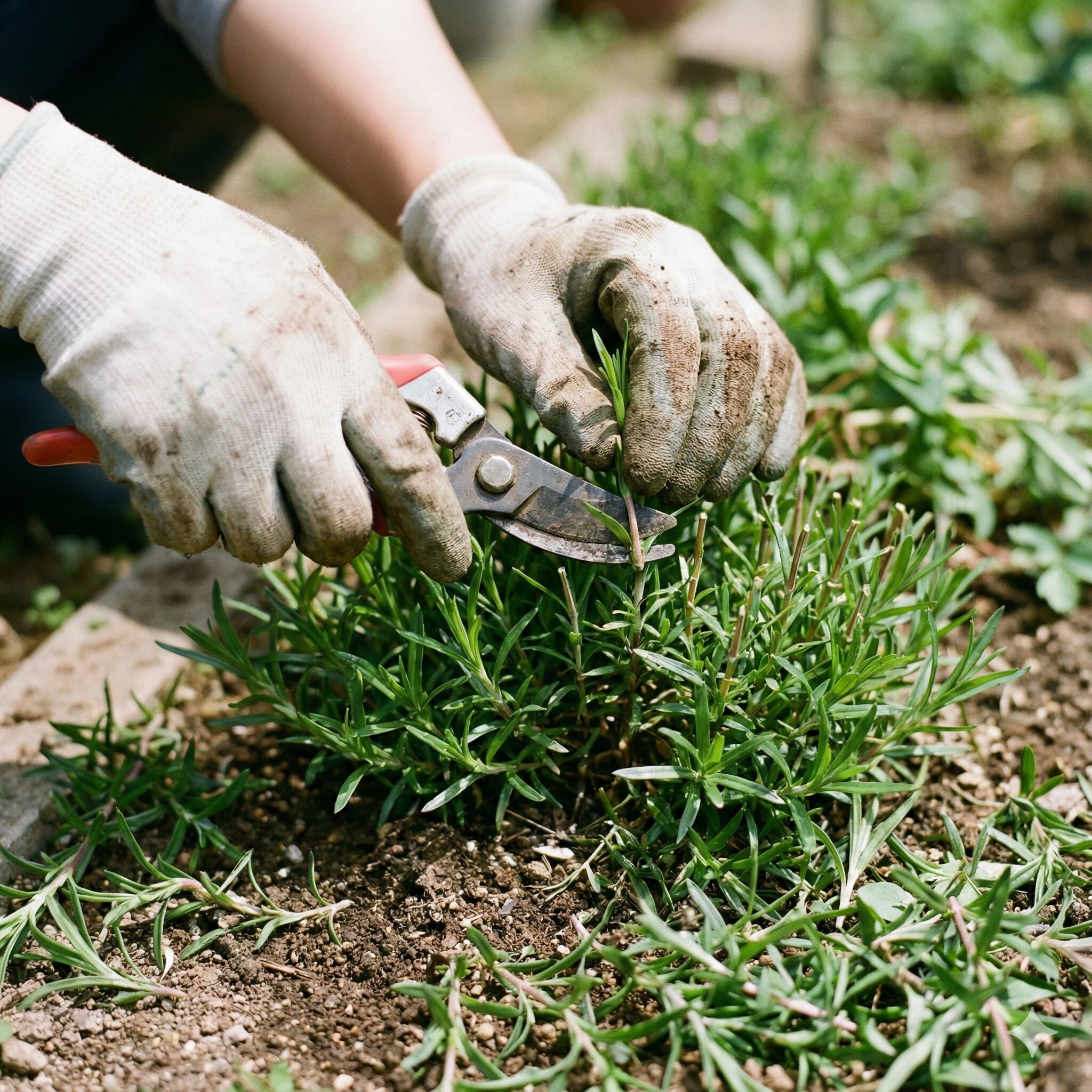 芝桜 植える時期7 花が終わった芝桜の株を、蒸れを防ぐために剪定バサミで半分程度の高さに刈り込んでいる作業風景。