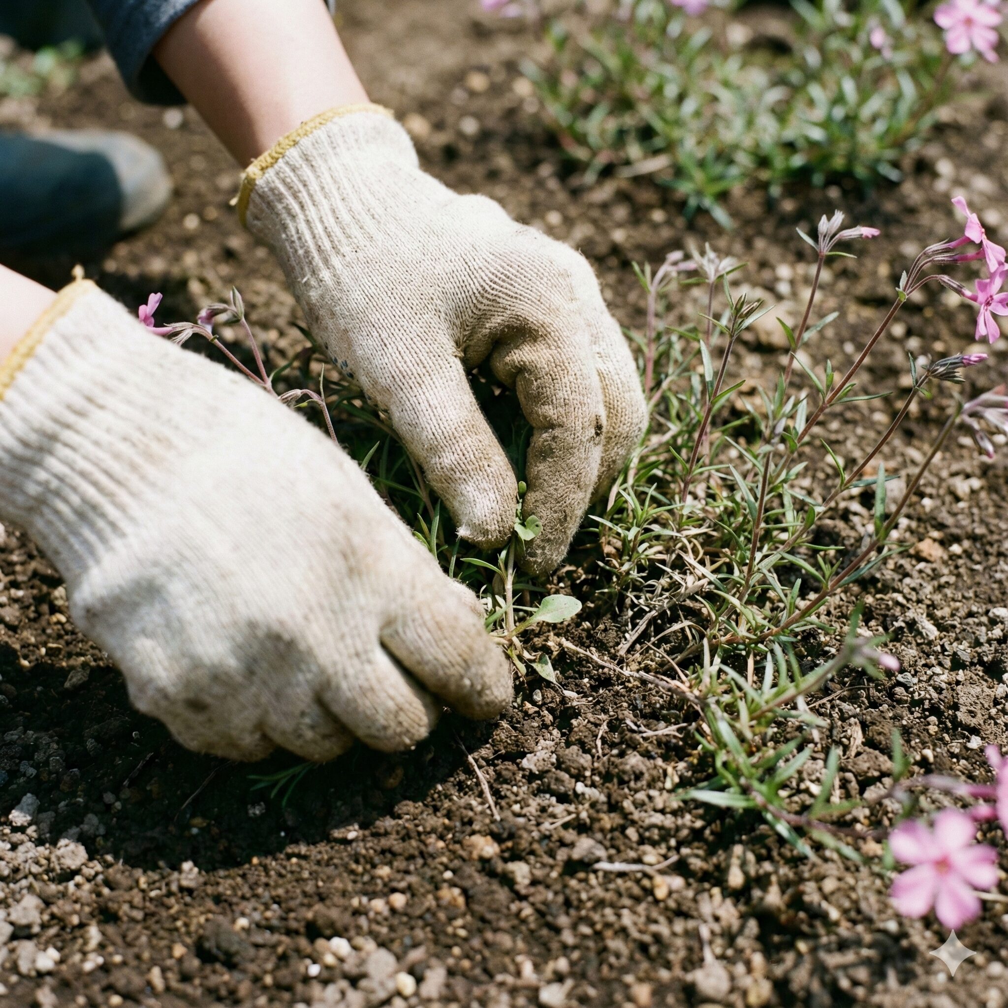 芝桜 植える時期9 成長途中の芝桜の隙間から生えた雑草を、手作業で丁寧に引き抜いている初期の管理作業の様子。