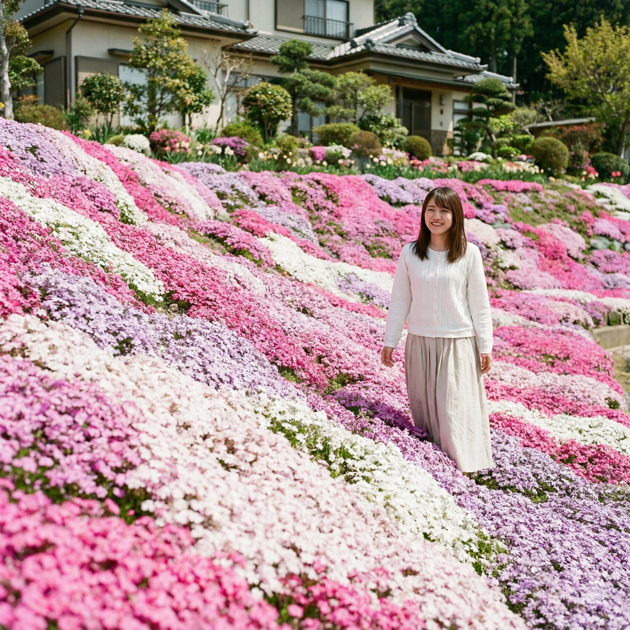 芝桜の植え替え時期1　　　庭一面に広がる満開の芝桜のカーペットと美しい春のガーデニング風景