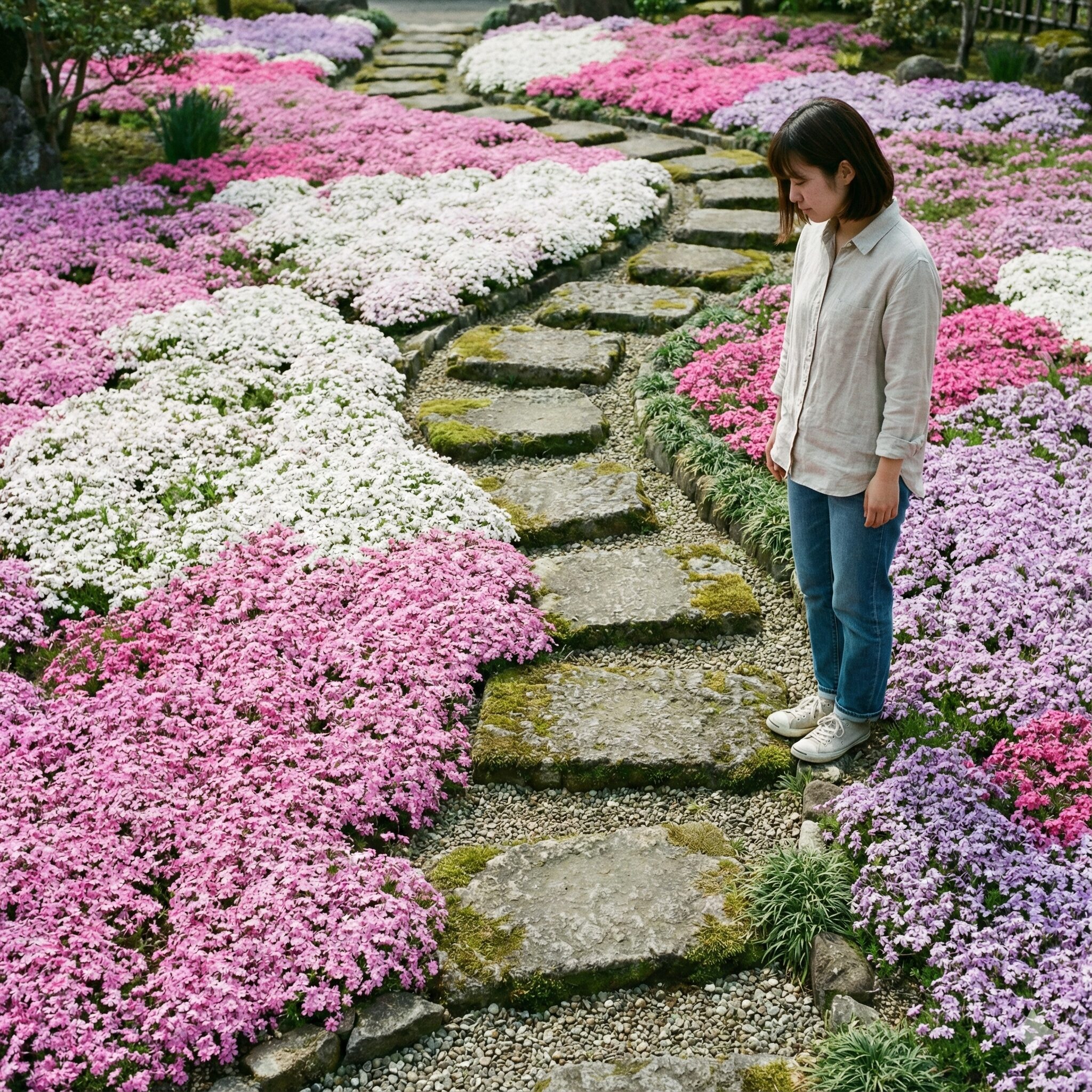 芝桜の植え替え時期10　芝桜を踏まないように配置された庭の飛び石と踏圧防止のガーデンデザイン例