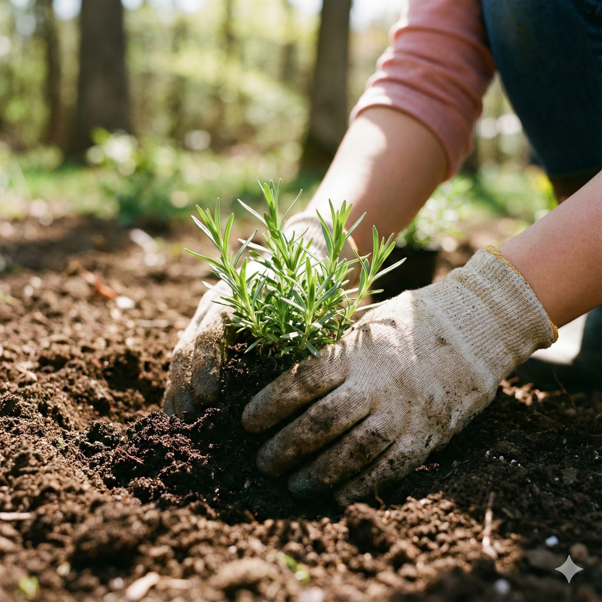 芝桜の植え替え時期2　春の植え替え時期に芝桜の苗を庭へ丁寧に植え付ける作業の様子