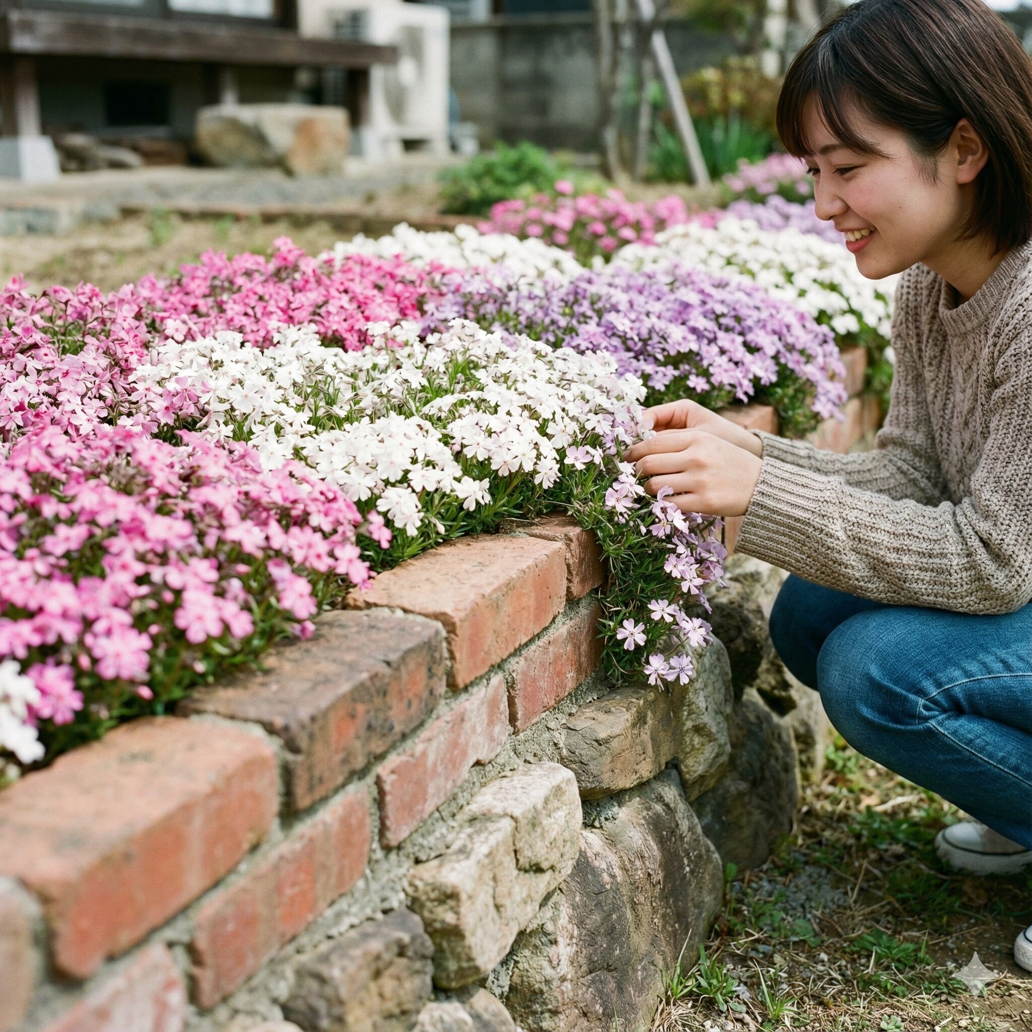 芝桜の植え替え時期5　排水性を高めるために土を高く盛った芝桜の高植え（レイズドベッド）の構造例