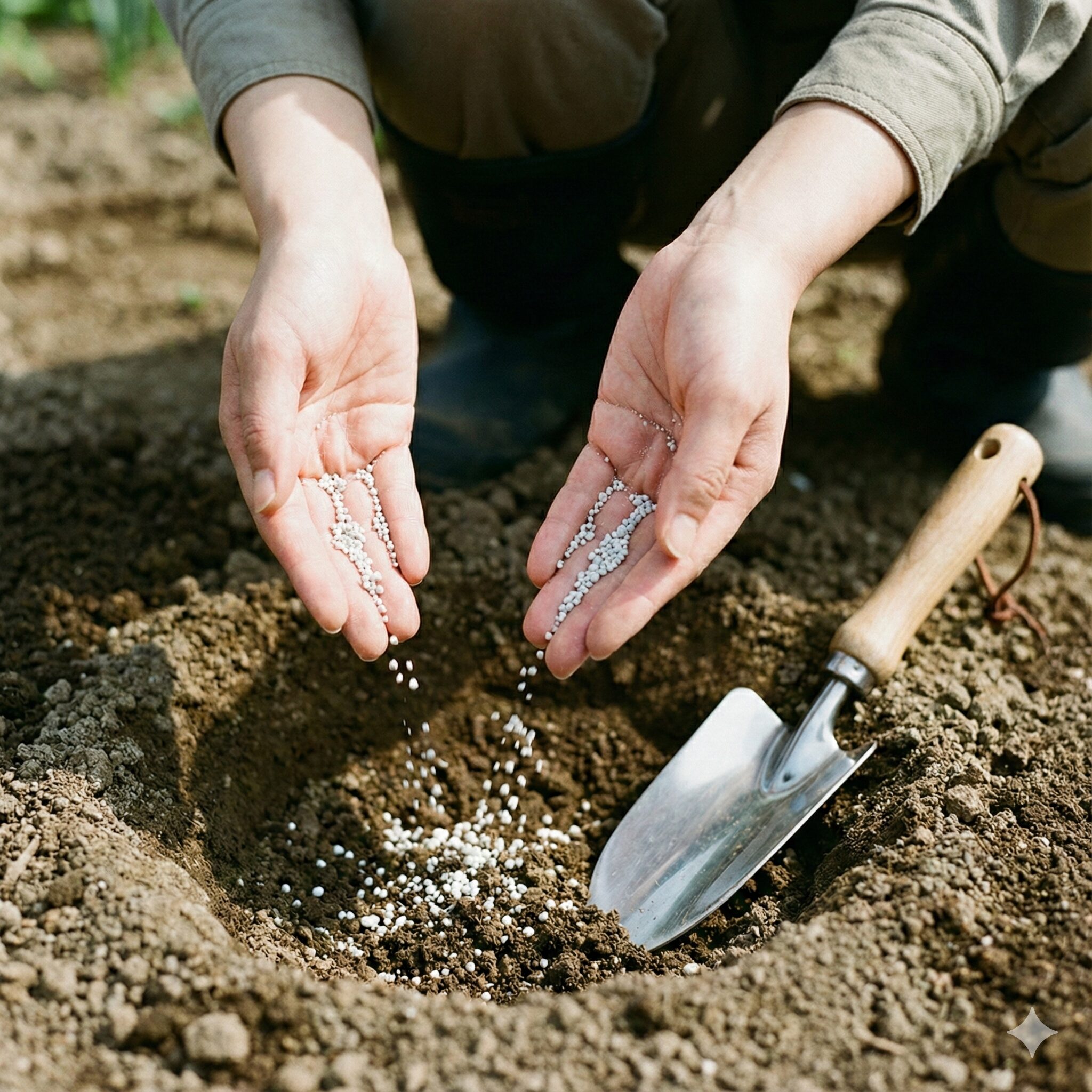 芝桜の植え替え時期6　芝桜の根の成長を促進するリン酸豊富な緩効性肥料を元肥として与える様子