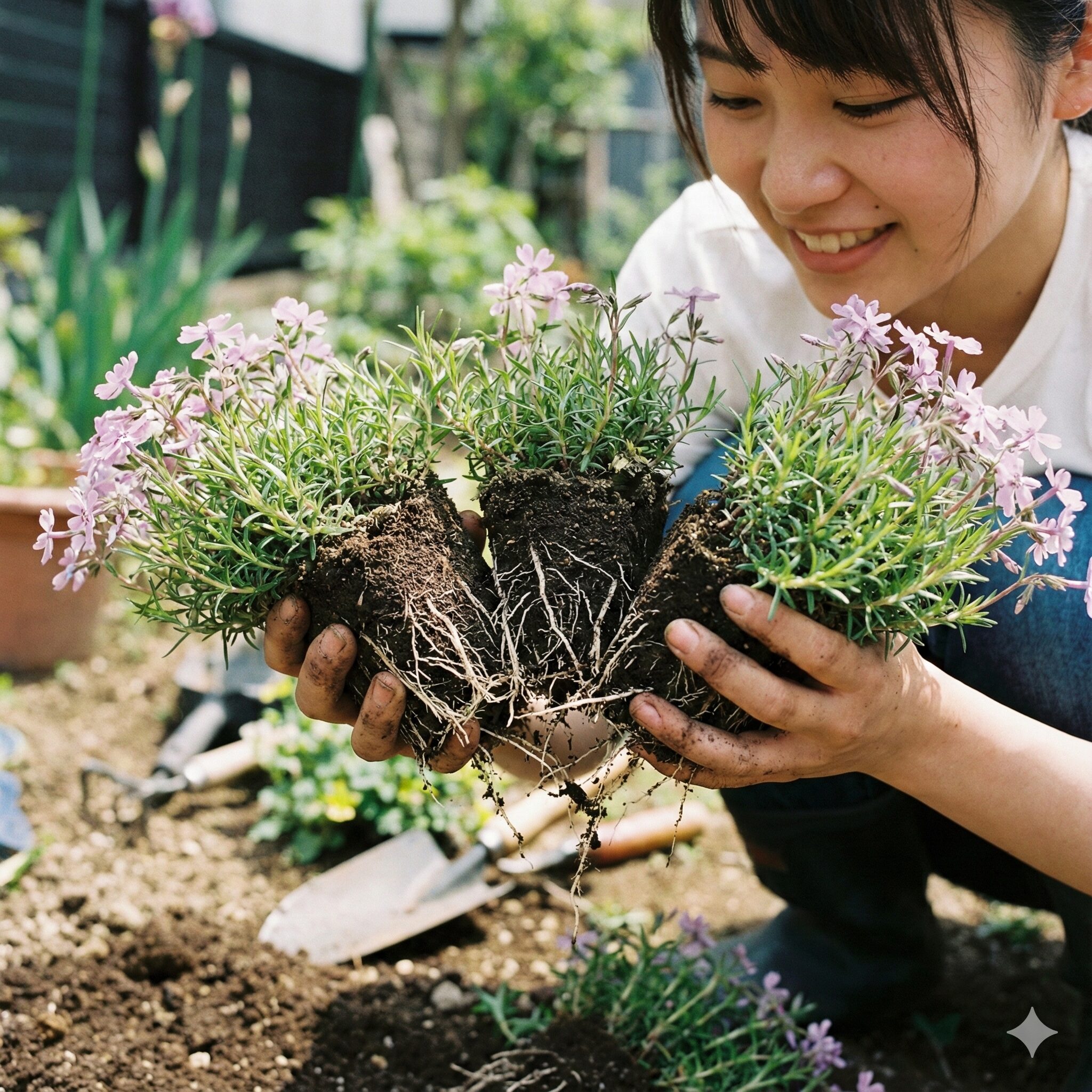 芝桜の植え替え時期7　芝桜を若返らせて増やすための正しい株分けの手順と健康な根の確認