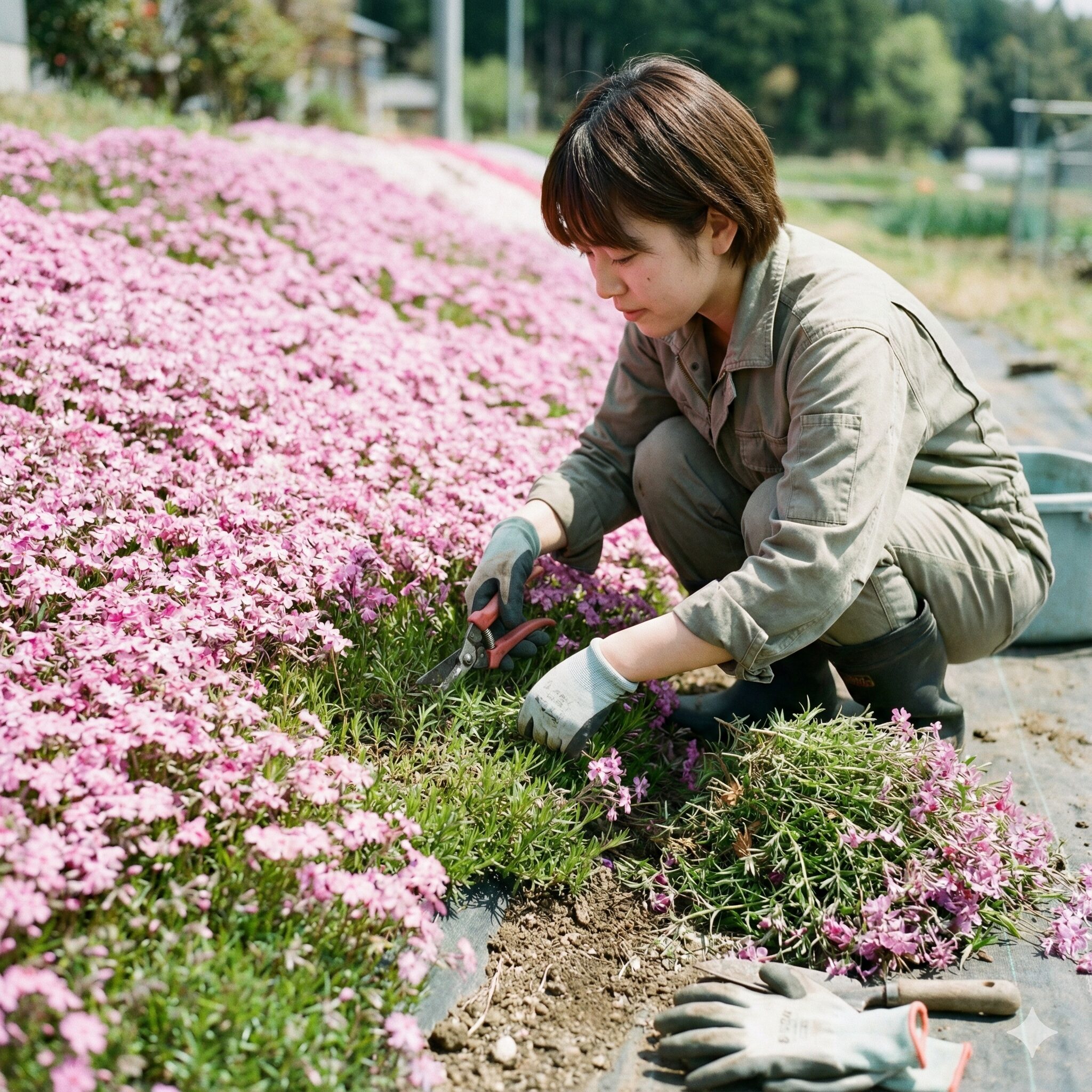 芝桜の植え替え時期8　梅雨の蒸れ対策として芝桜を切り戻し剪定（強剪定）する手入れ作業