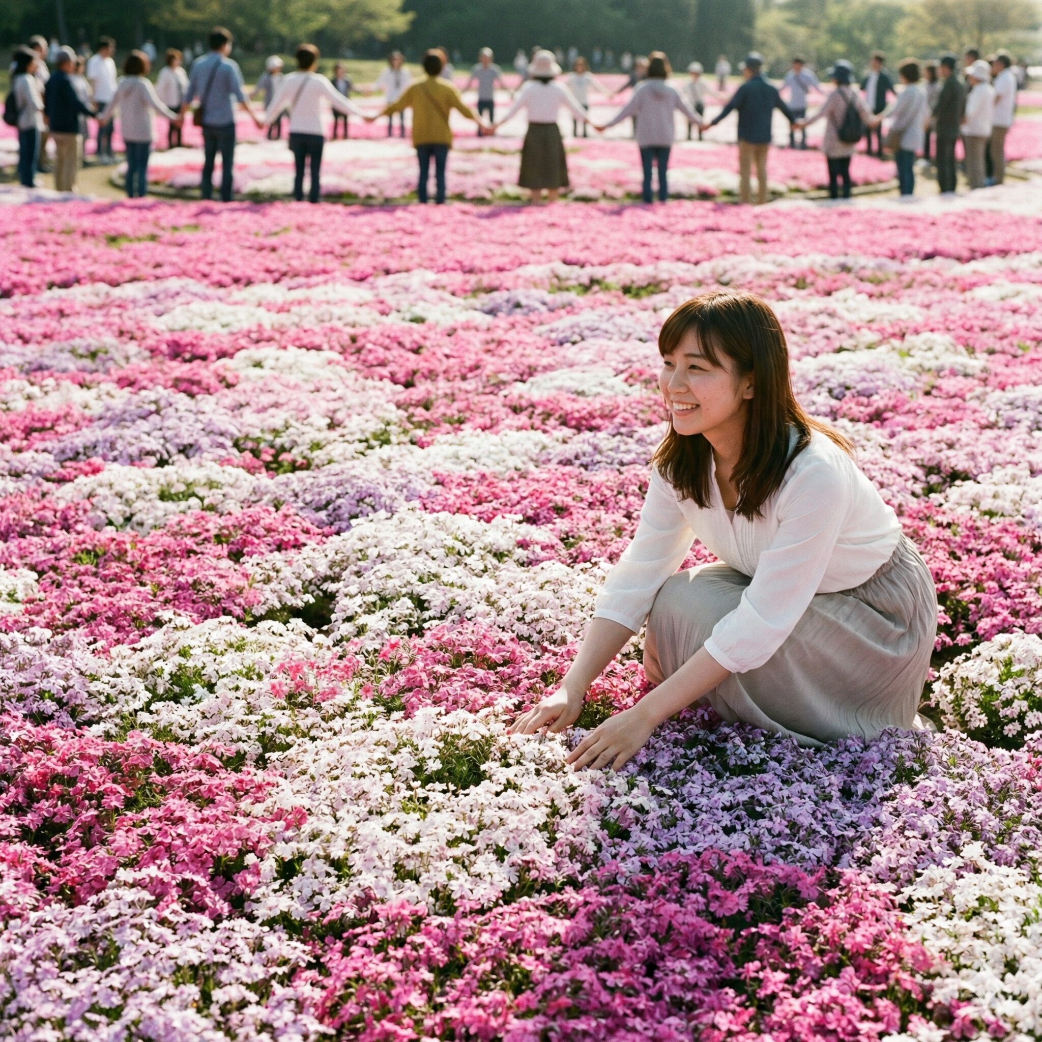 芝桜花言葉2　地面を覆うように密集して咲き誇る芝桜の花畑。小さな花が繋がり合い、「合意」や「一致」という花言葉を象徴している。