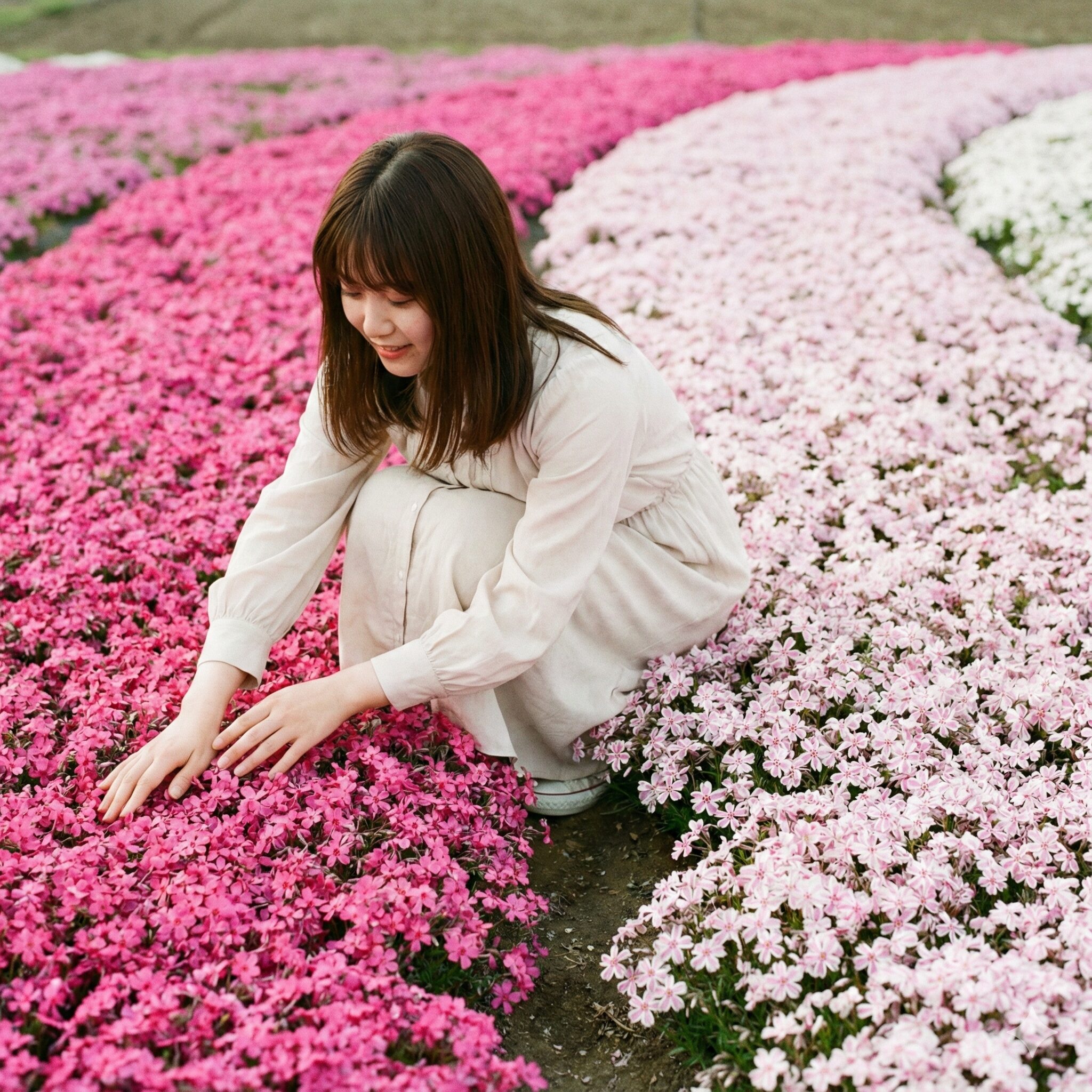 芝桜花言葉7　濃いピンク、淡いピンク、複色の芝桜が織りなすグラデーション。それぞれの色が異なる「愛」のバリエーションを象徴している。
