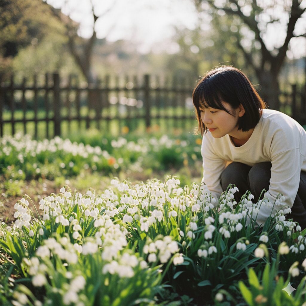 鈴蘭に似た花0　春の庭でスズランに似た白い釣鐘状の花を咲かせるスノーフレーク（スズランスイセン）