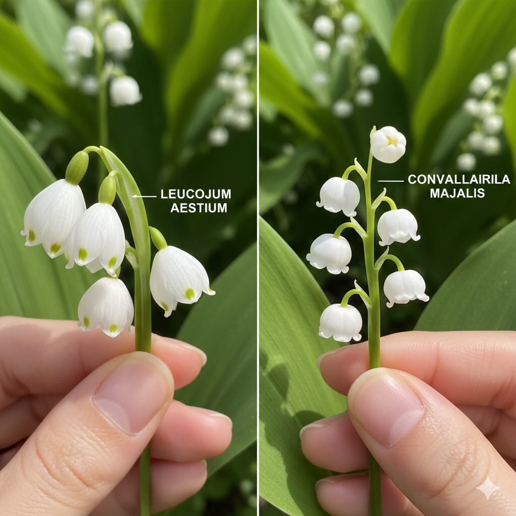 鈴蘭に似た花4　スズランとの最大の違いであるスノーフレークの花弁先端にある緑色の斑点の拡大写真