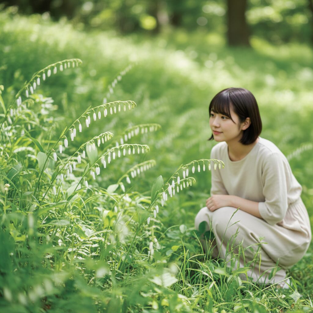 鈴蘭に似た花8　弓なりの茎の下に白い筒状の花が一列に並んで咲くアマドコロ（ナルコユリ）