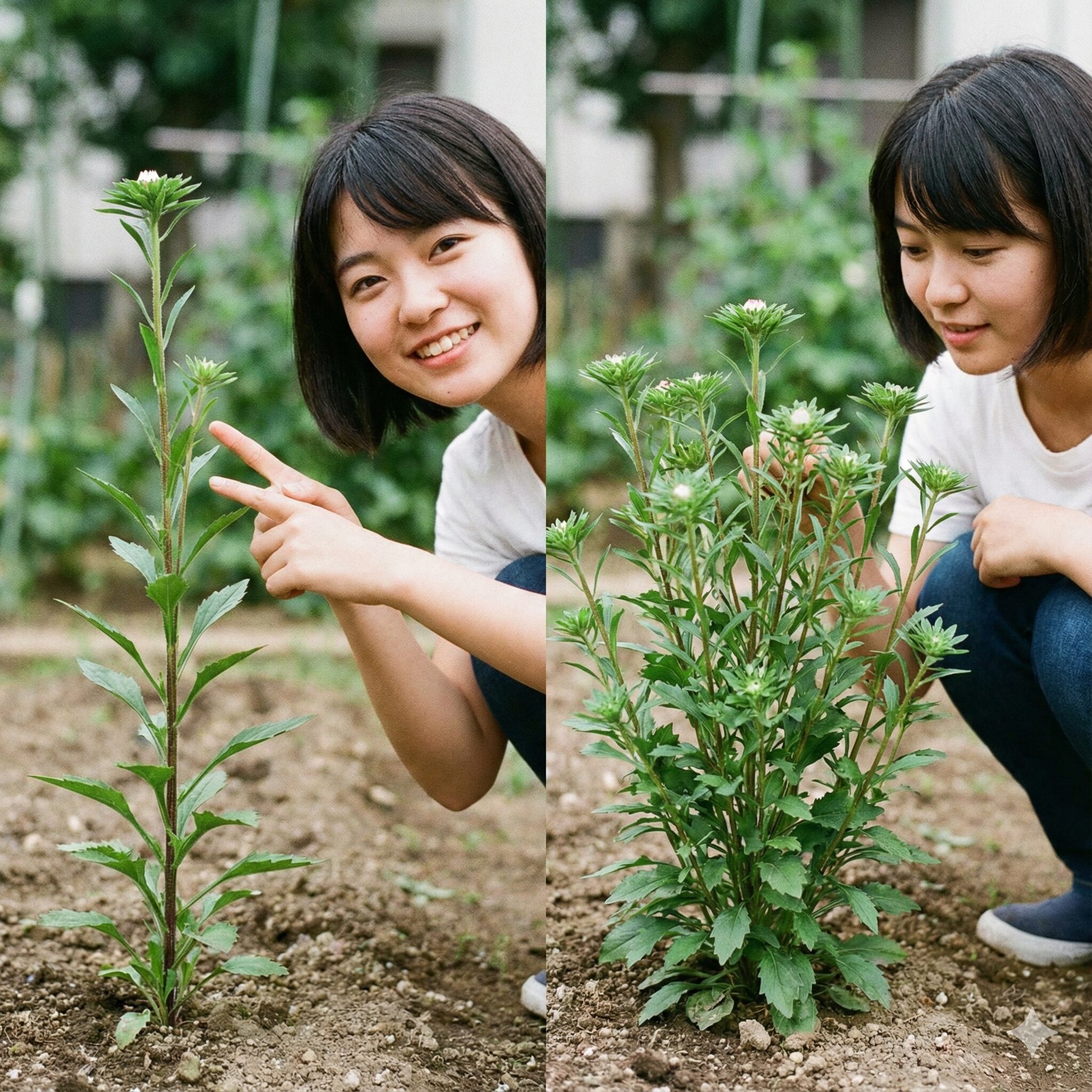アスター 摘芯1　アスターの摘芯効果：左は未摘芯で一本立ち、右は摘芯により分枝してこんもりした株