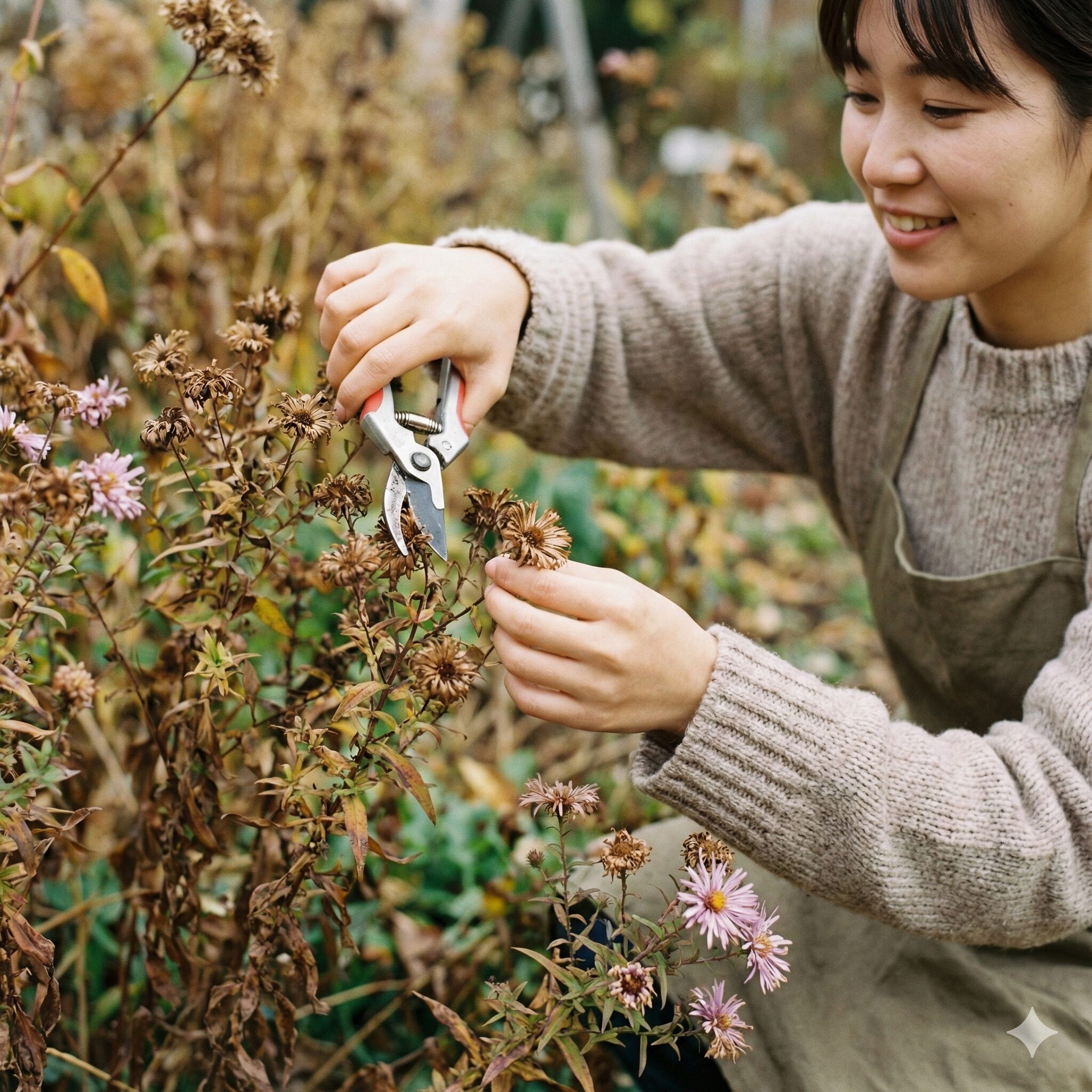 アスター 摘芯10　アスターの花がら摘み：咲き終わった花をハサミでカットする様子