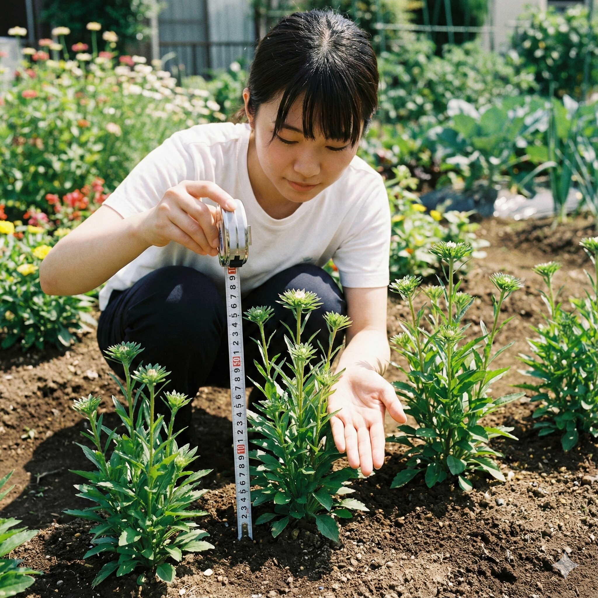 アスター 摘芯3　アスターの摘芯目安：草丈約15cmの苗と手のひらでのサイズ比較