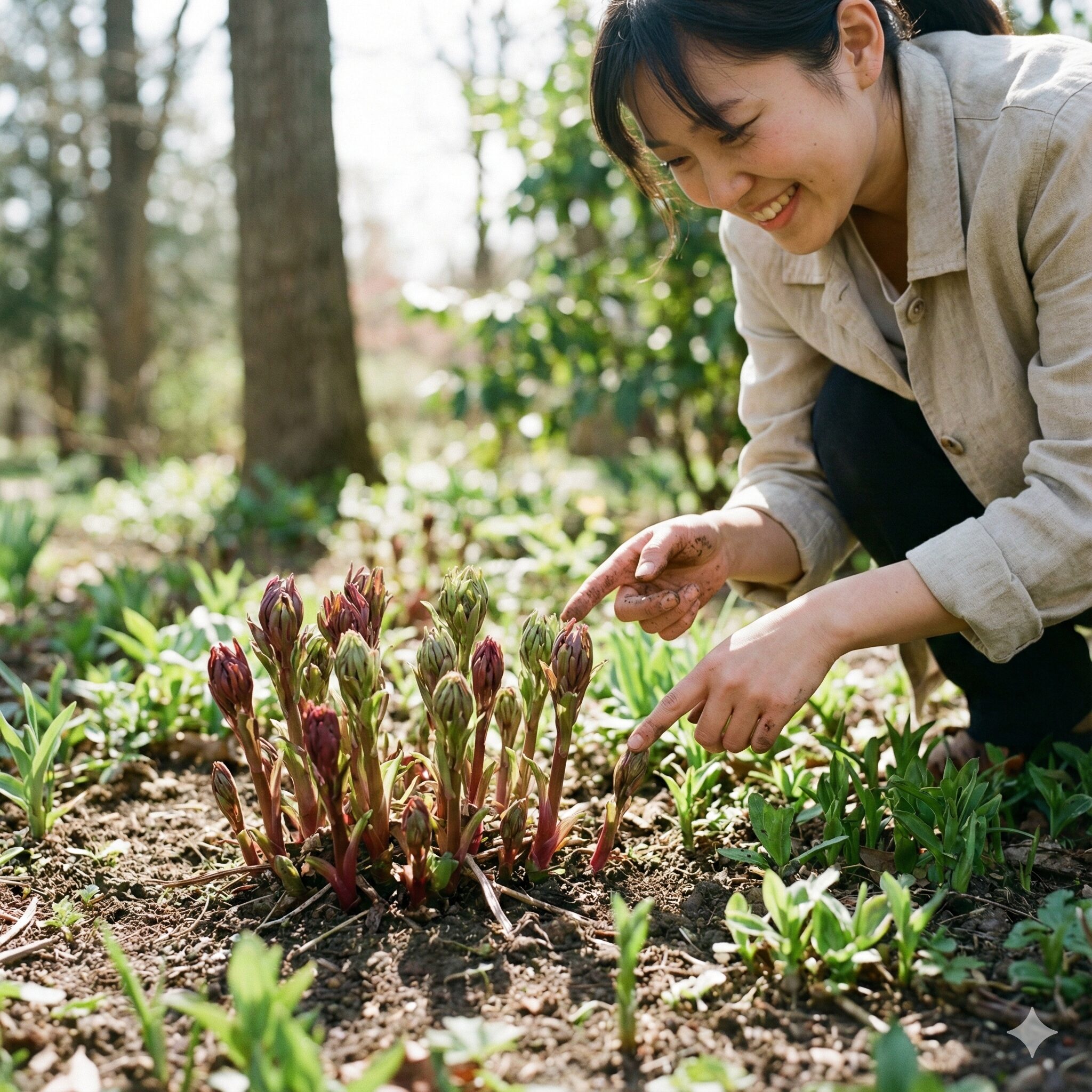 アスター 摘芯4　春の庭で地面から芽吹く宿根アスターの新芽