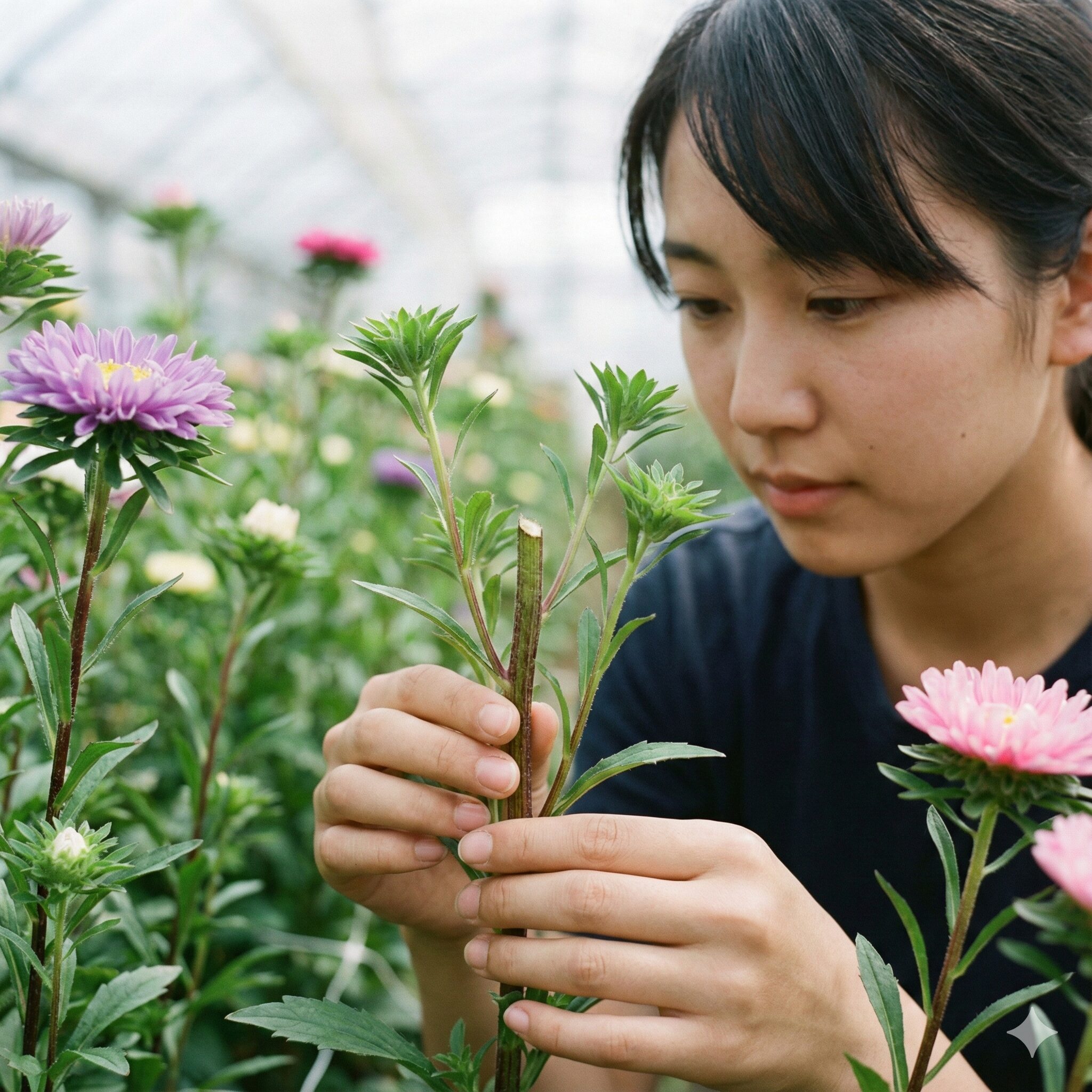 アスター 摘芯5　切り花用アスターの摘芯：高めの位置でのカットと脇芽の発生
