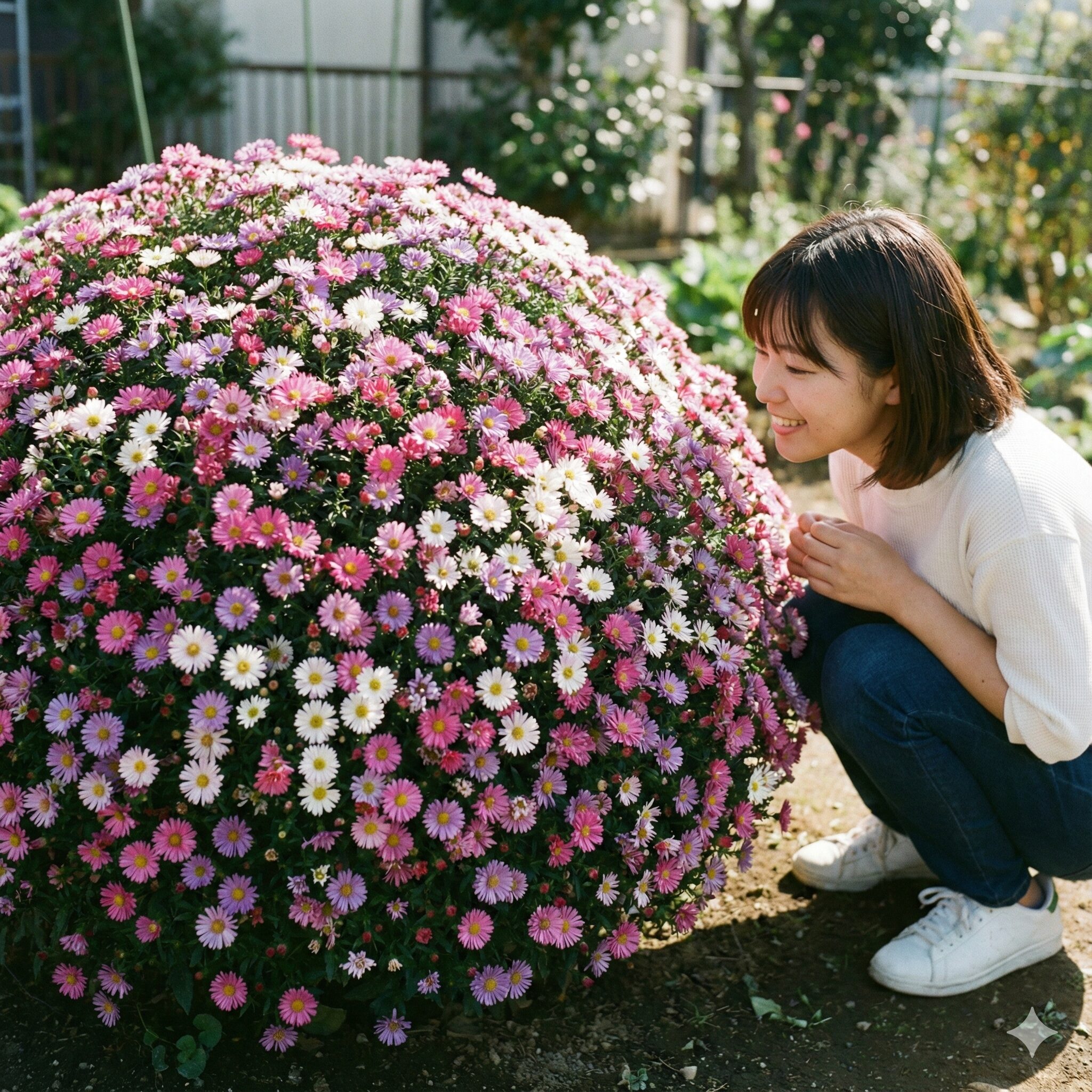アスター 摘芯6　摘芯の効果：分岐してドーム状に広がり満開になったアスター