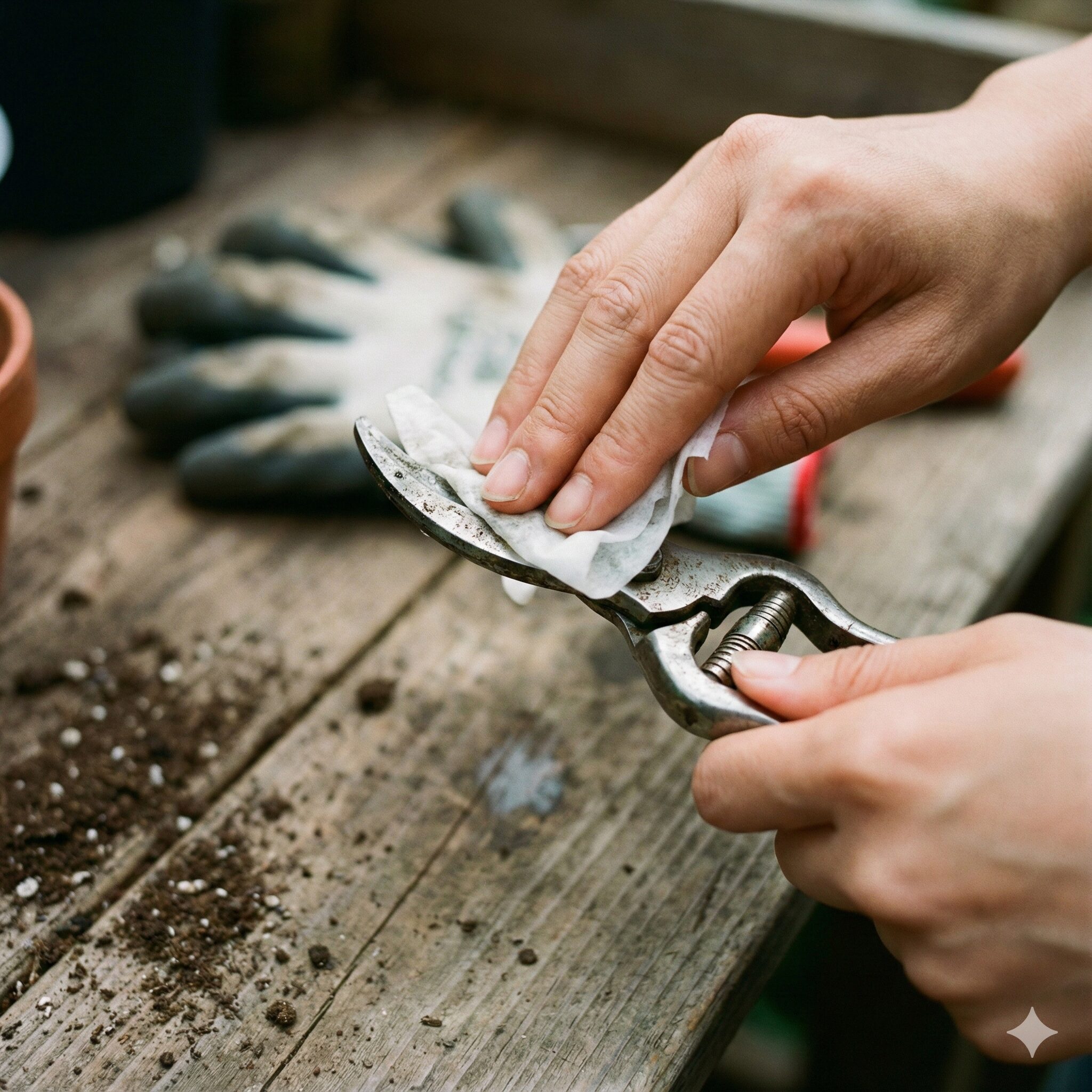 アスター 摘芯7　摘芯前の準備：園芸用ハサミをアルコールで消毒する様子