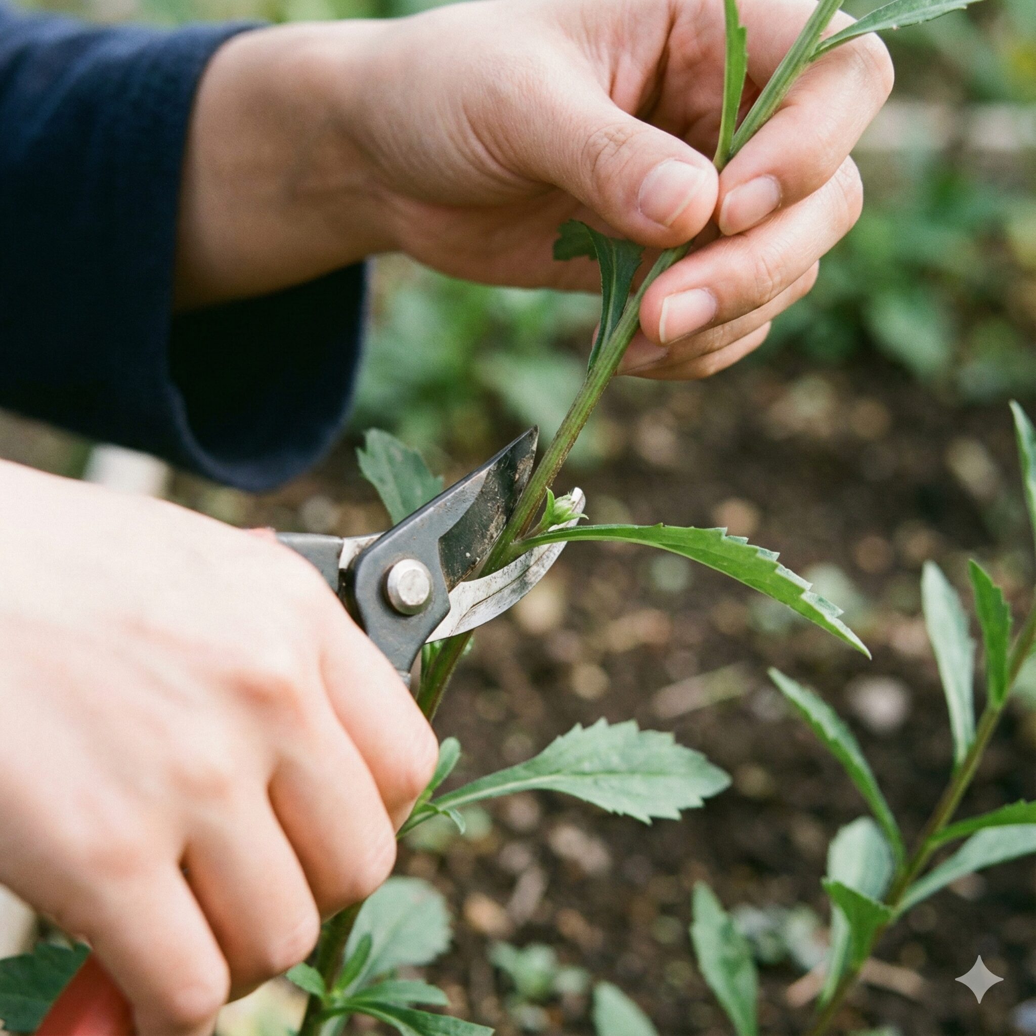 アスター 摘芯8　アスターの摘芯方法：脇芽の上で茎を斜めにカットする様子