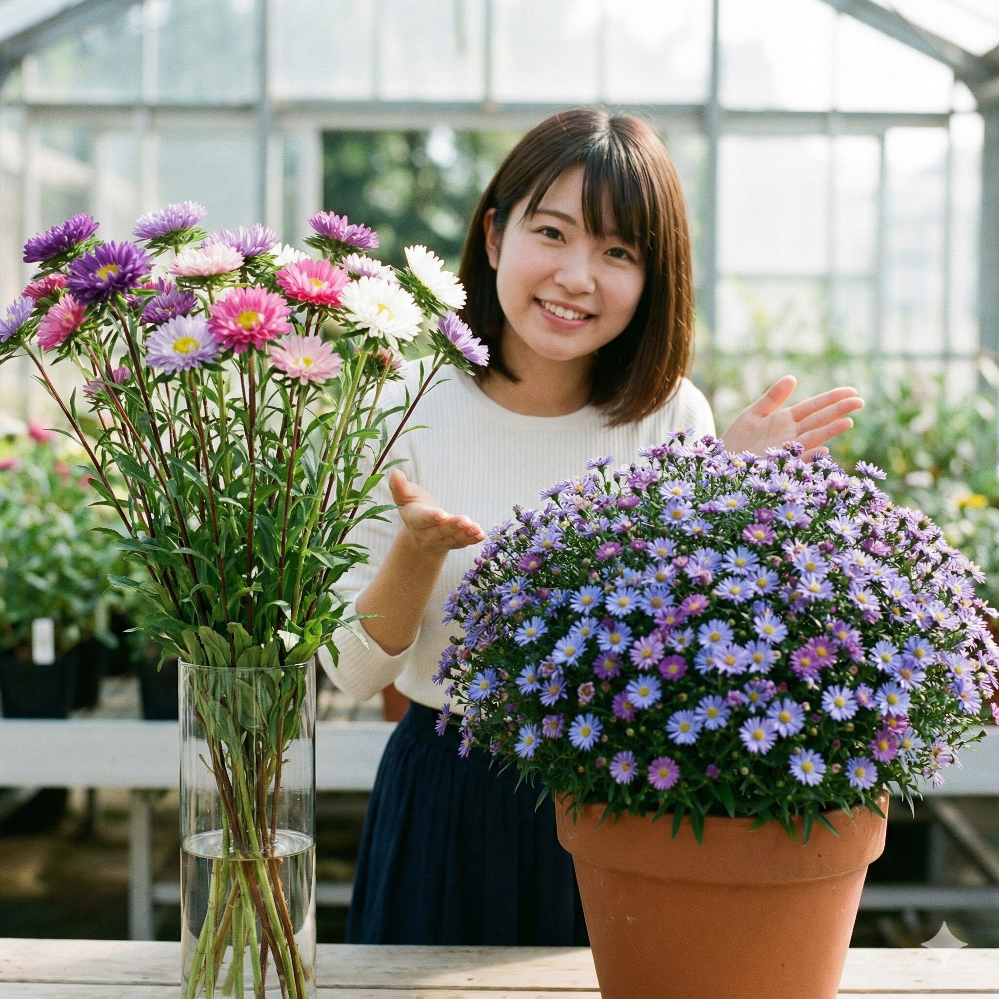 アスター 種まき 時期10　切り花用の高性アスターと鉢植え向きの矮性アスターの比較。用途に合わせた品種の違い。