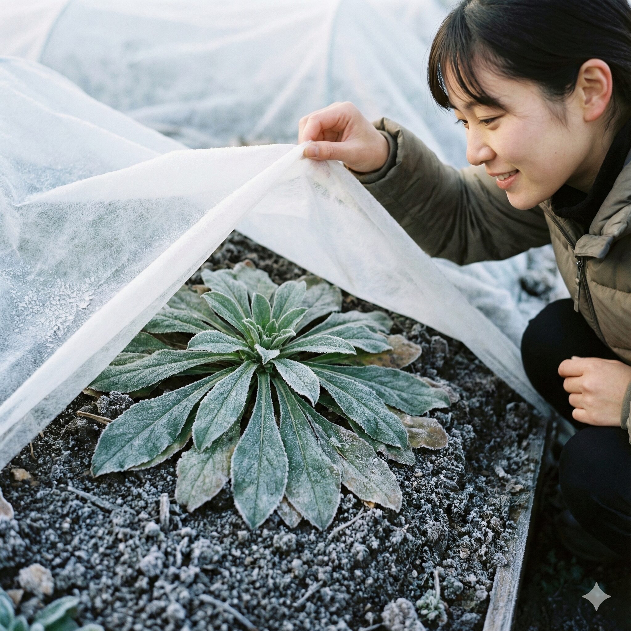 アスター 種まき 時期2　秋まきアスターの冬越しの様子。寒さに耐えて地面に張り付くロゼット状の苗。