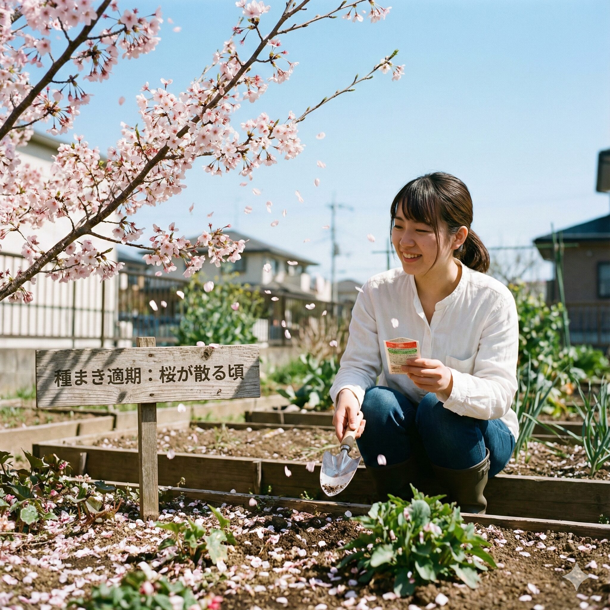アスター 種まき 時期3　桜の花びらが舞う春の風景。アスターの種まきに最適な時期を示す自然のサイン。