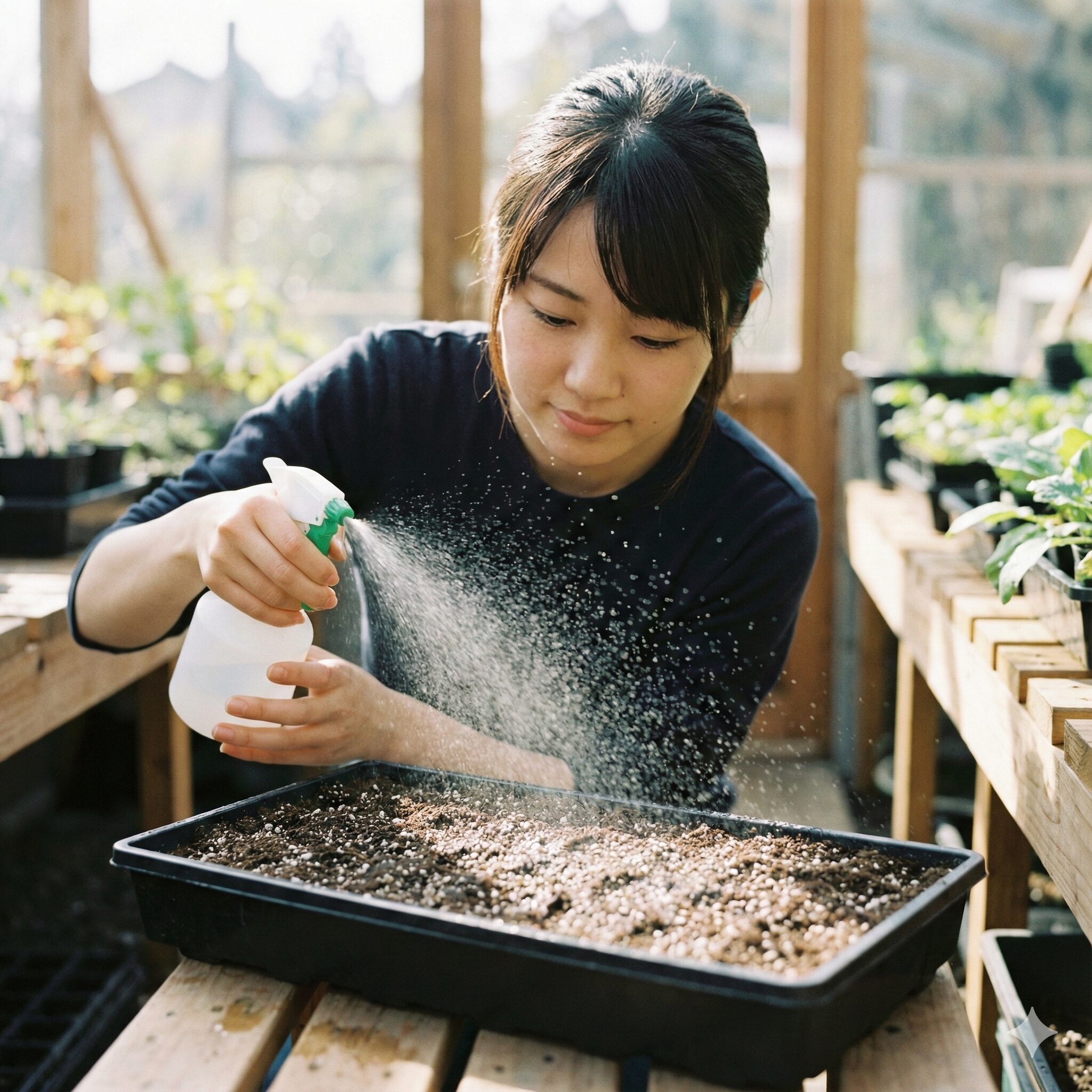 アスター 種まき 時期5　アスターの種まき後の優しい水やり。種が流れないよう霧吹きを使って加湿する管理方法。