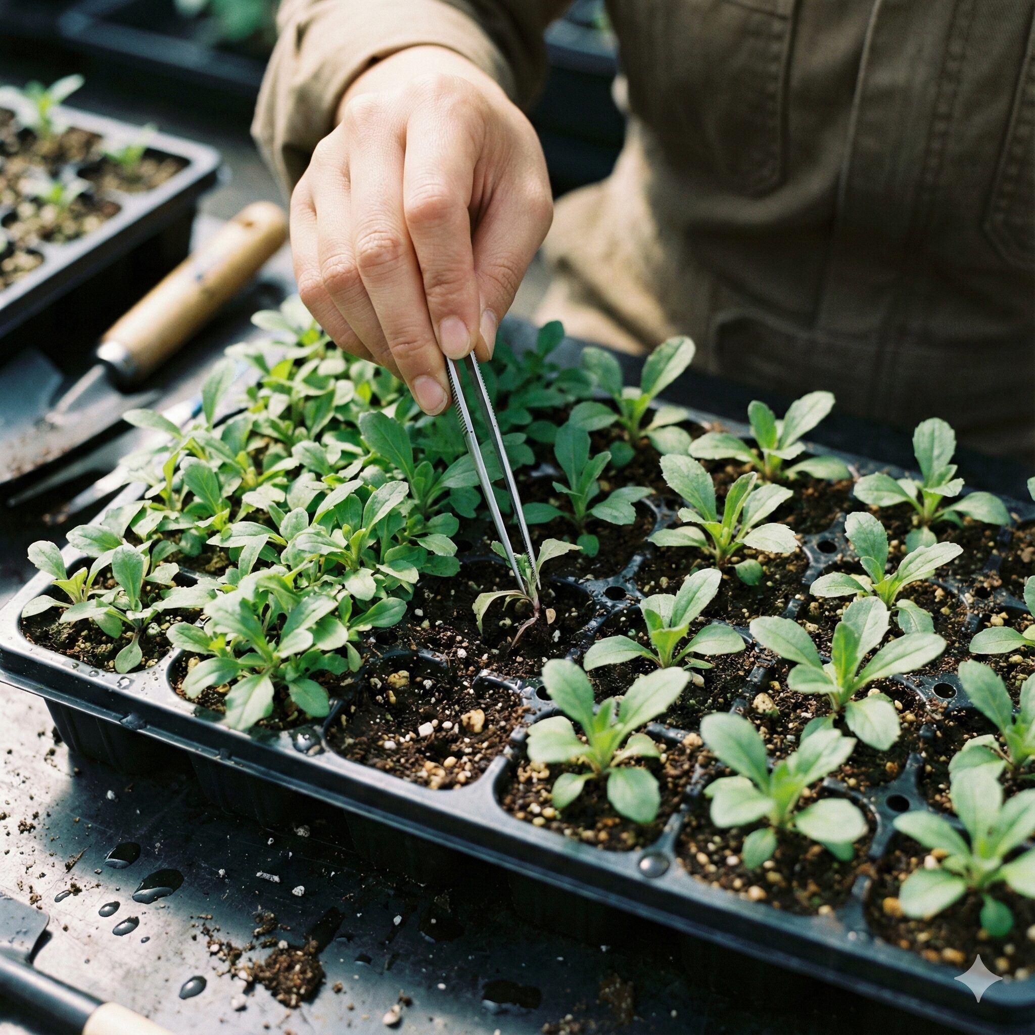 アスター 種まき 時期7　アスターの苗の間引き作業。徒長を防ぎ、日光を均一に当てるための重要なステップ。