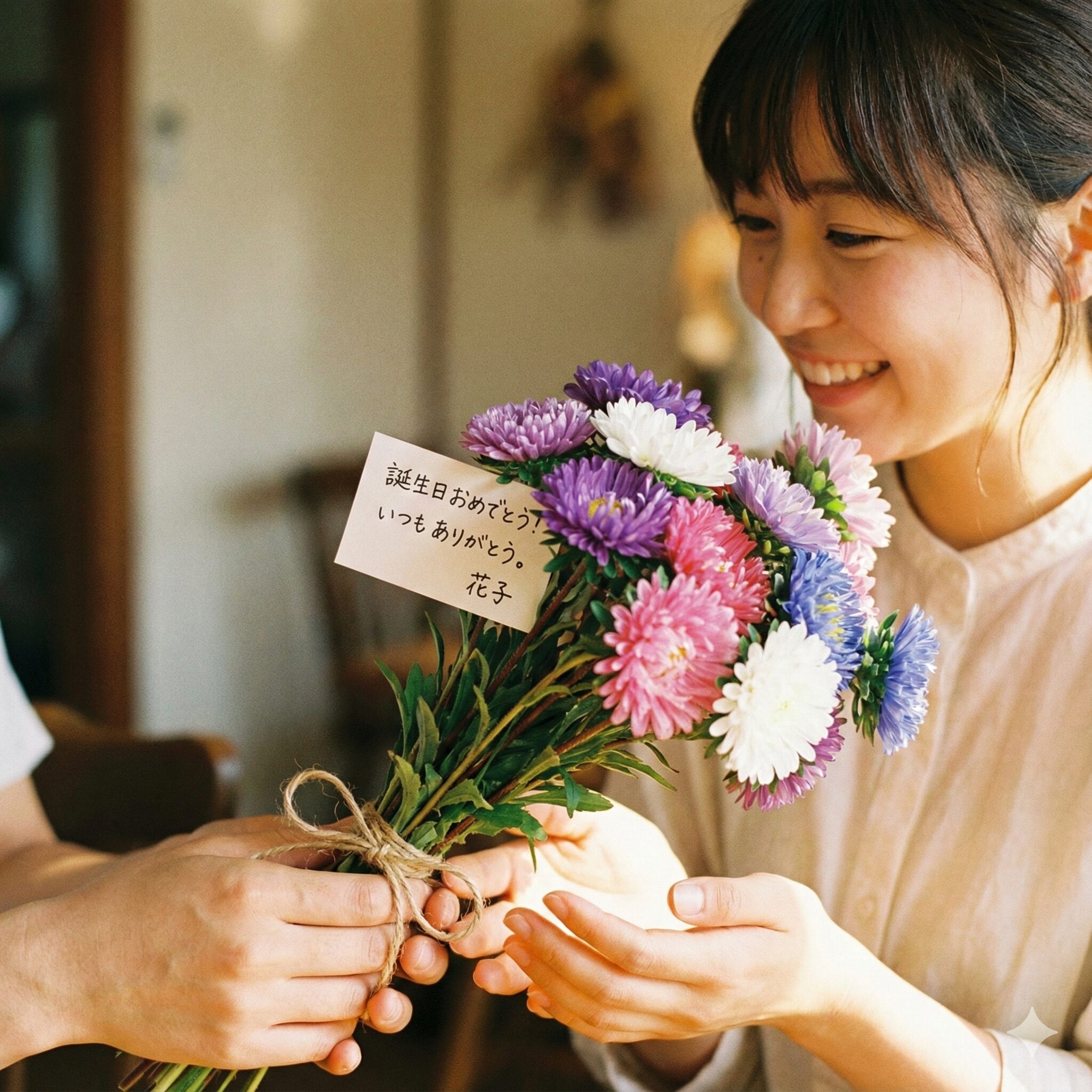 アスター 花言葉 怖い10　誠実な気持ちを込めて贈られたメッセージカード付きのアスターの花束