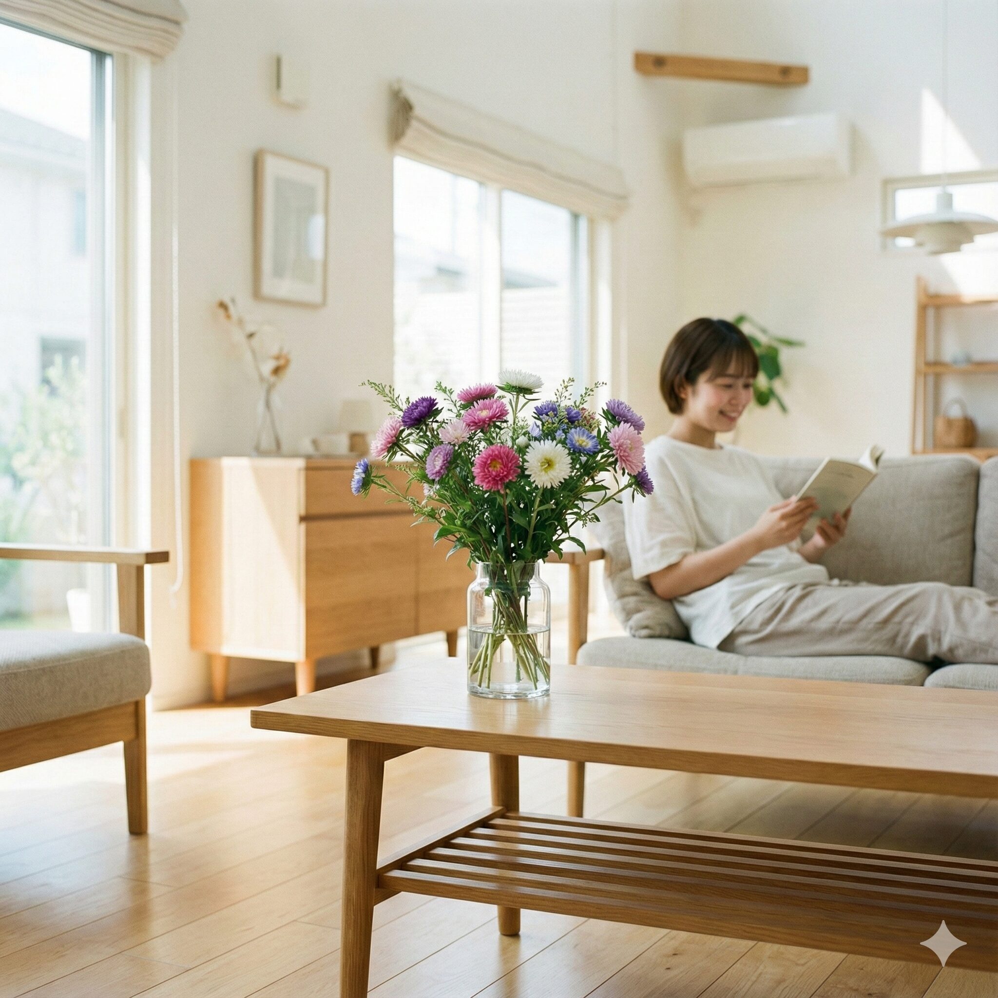 アスター 花言葉 怖い4　モダンなリビングのインテリアとして飾られたおしゃれなアスターの切り花