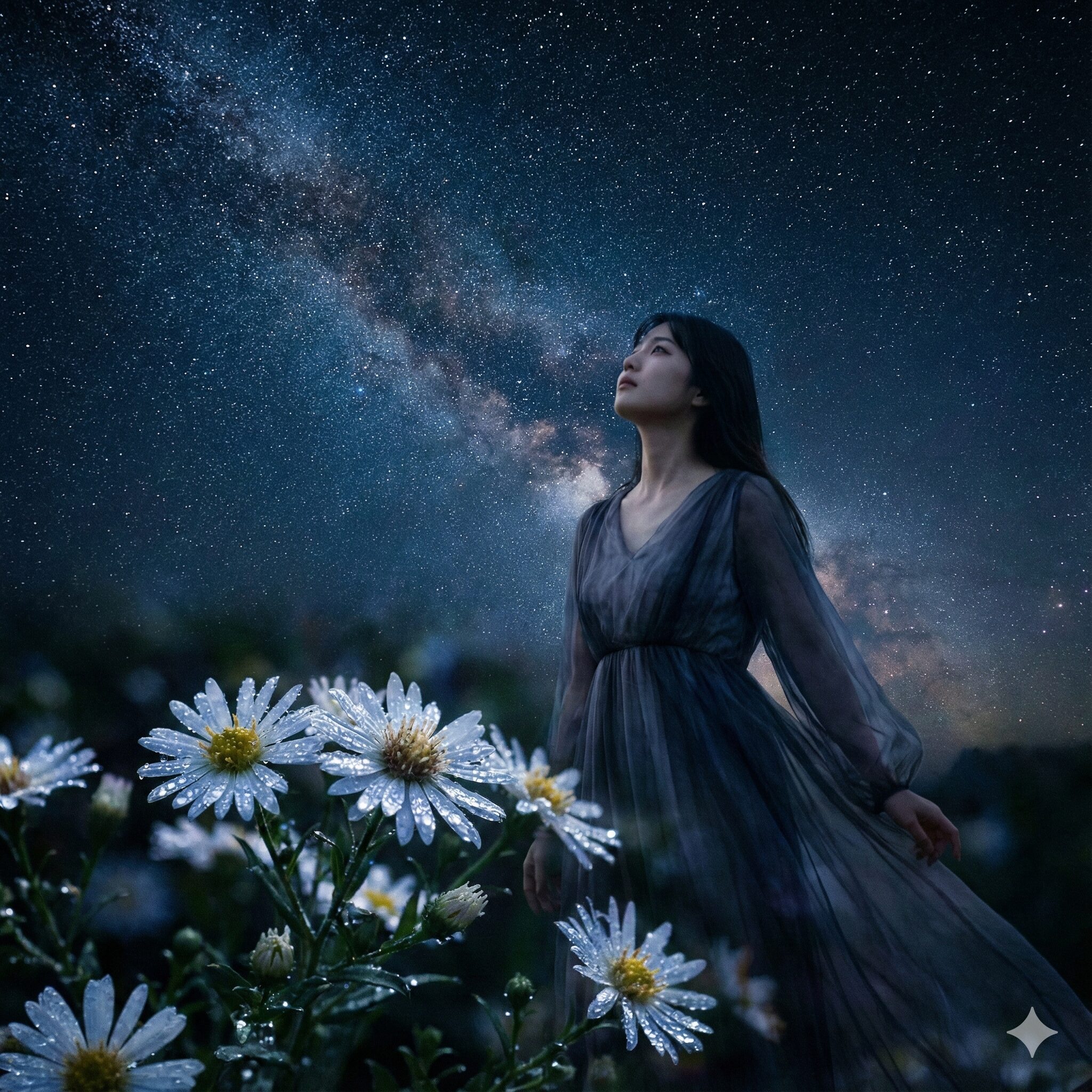 アスター 花言葉 怖い5　ギリシャ神話のアストライアの涙と星を連想させる幻想的な白いアスター