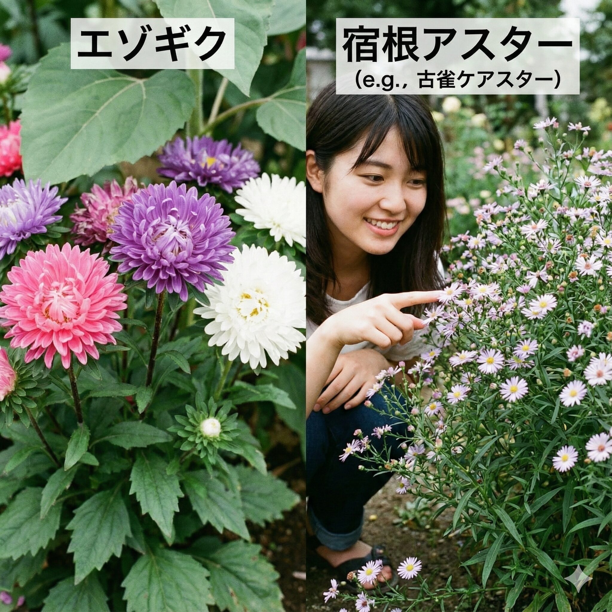 アスター 開花時期1 一年草のエゾギクと多年草の宿根アスターの花と葉の比較写真。開花時期や性質が異なる2種類のアスターの違い。