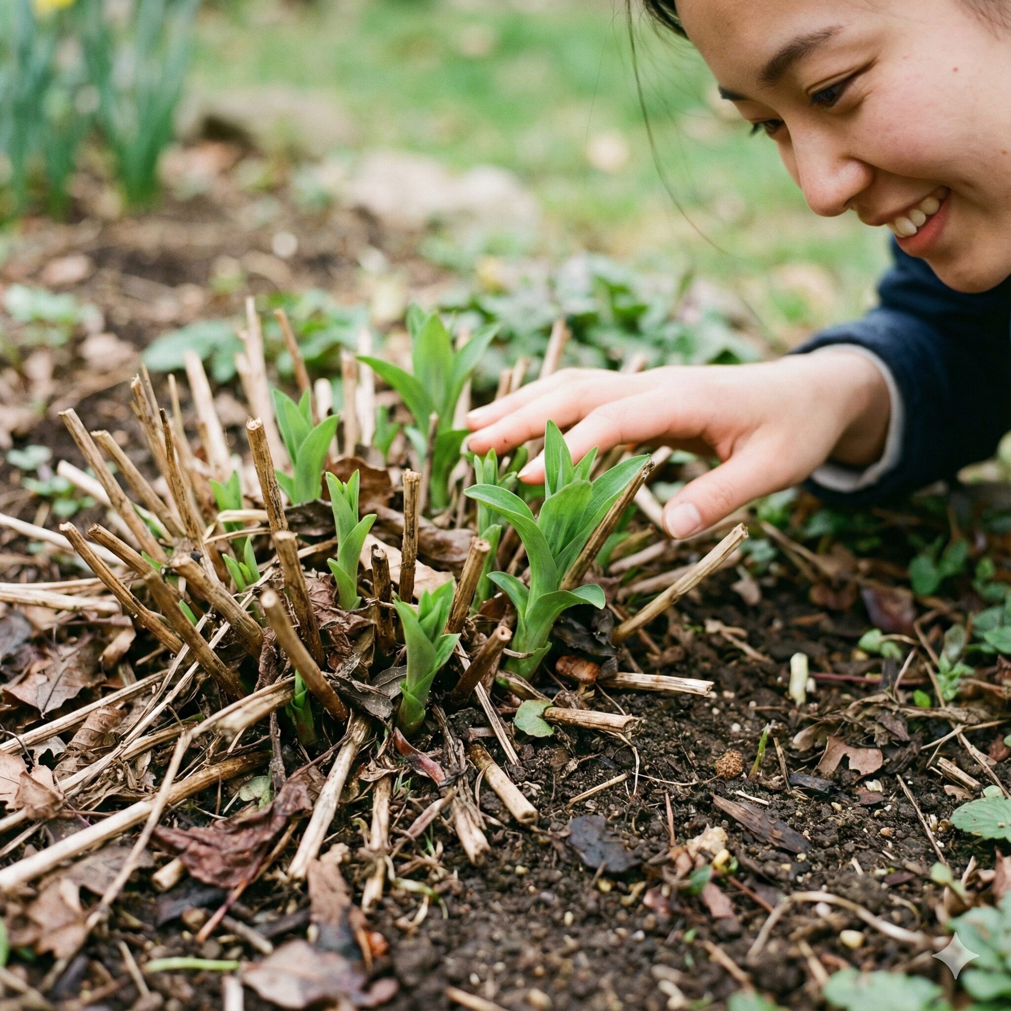 アスター 開花時期10　冬越し後の春、地際から力強く芽吹き始めた宿根アスターの新しい芽（冬至芽）。
