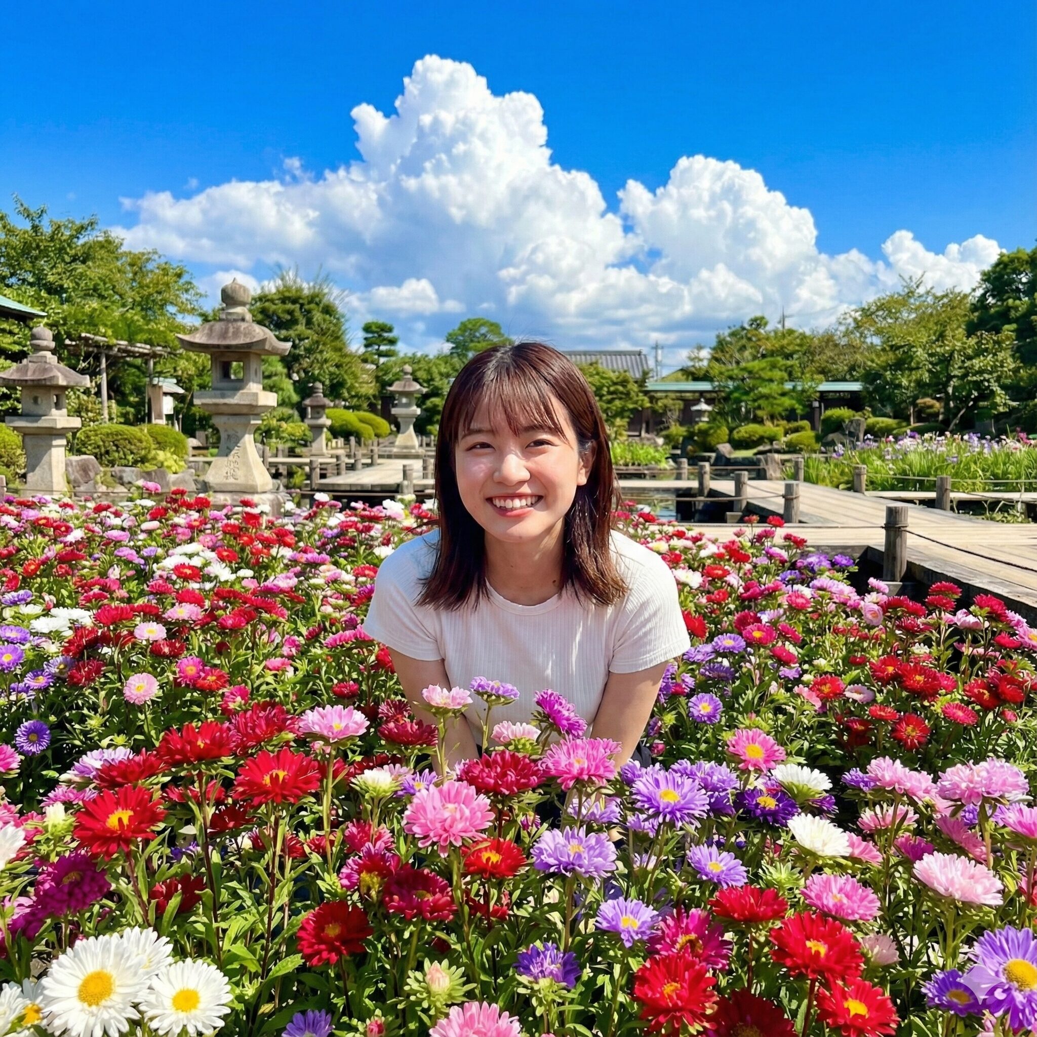 アスター 開花時期2　7月から8月の夏に開花ピークを迎えた、色鮮やかなエゾギク（一年草アスター）の花畑。