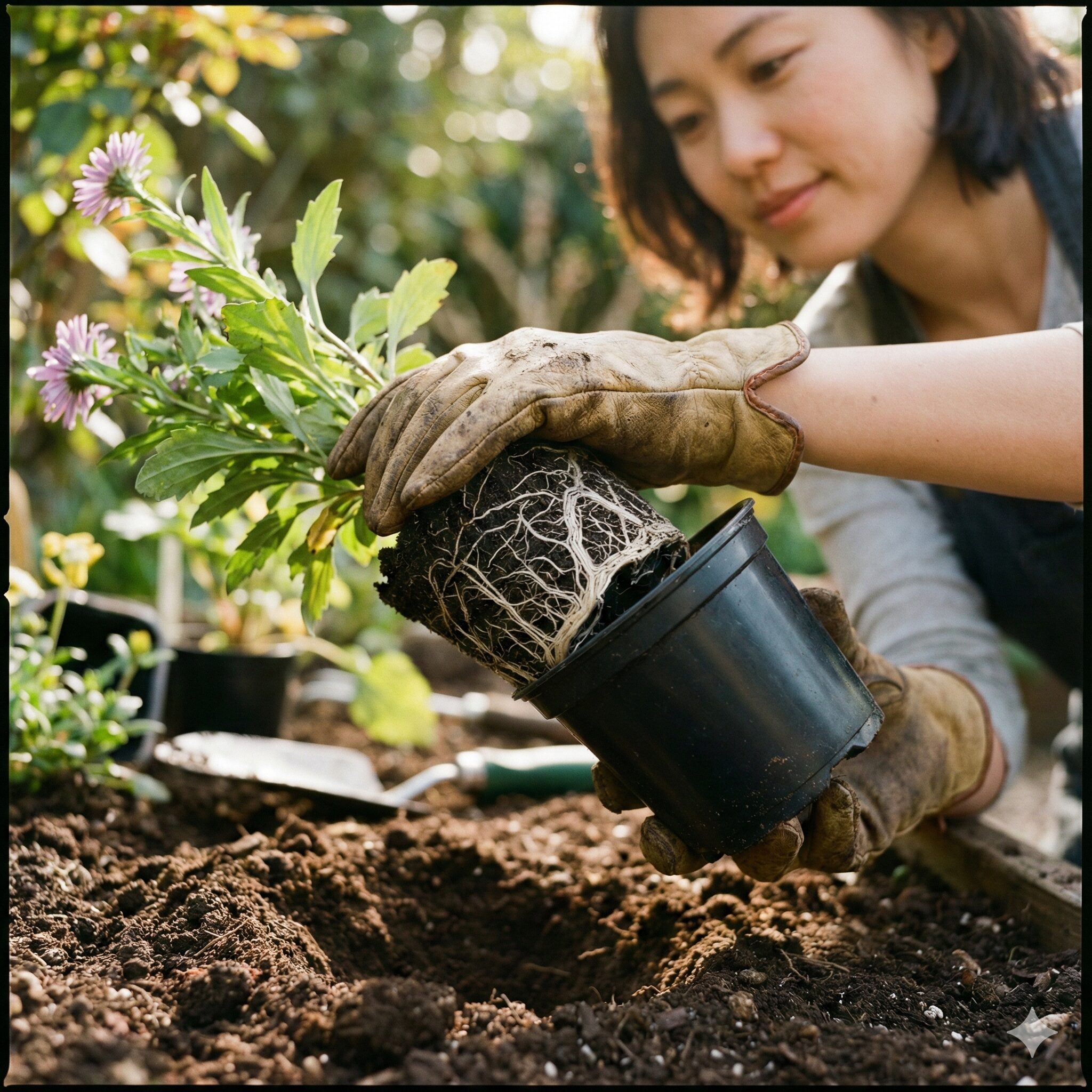 アスター 開花時期4　4月中旬から5月下旬の適期に行う、アスター苗の植え付け作業の様子。