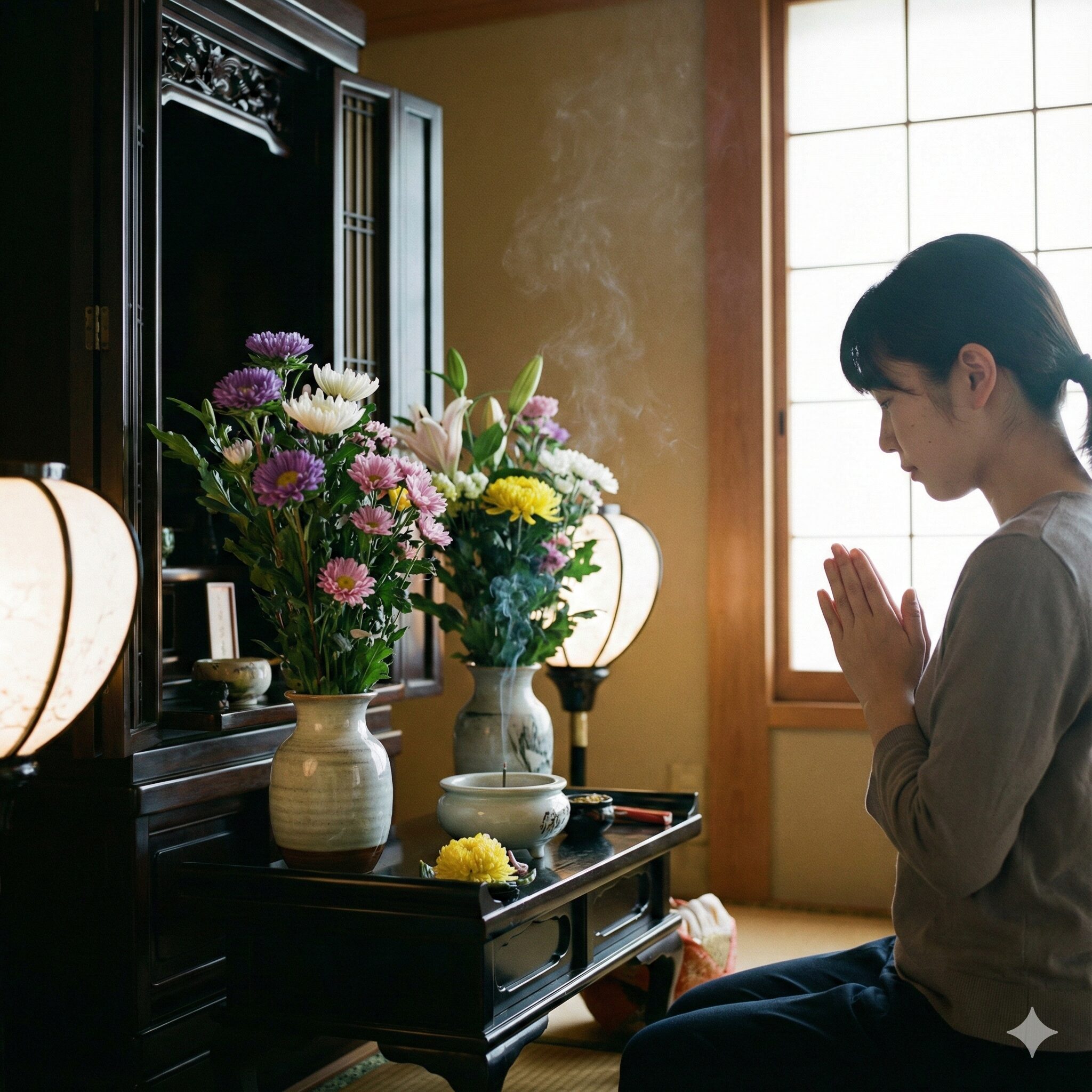 アスター 開花時期5　お盆の時期に合わせて開花調整され、仏花として供えられたアスターの切り花。