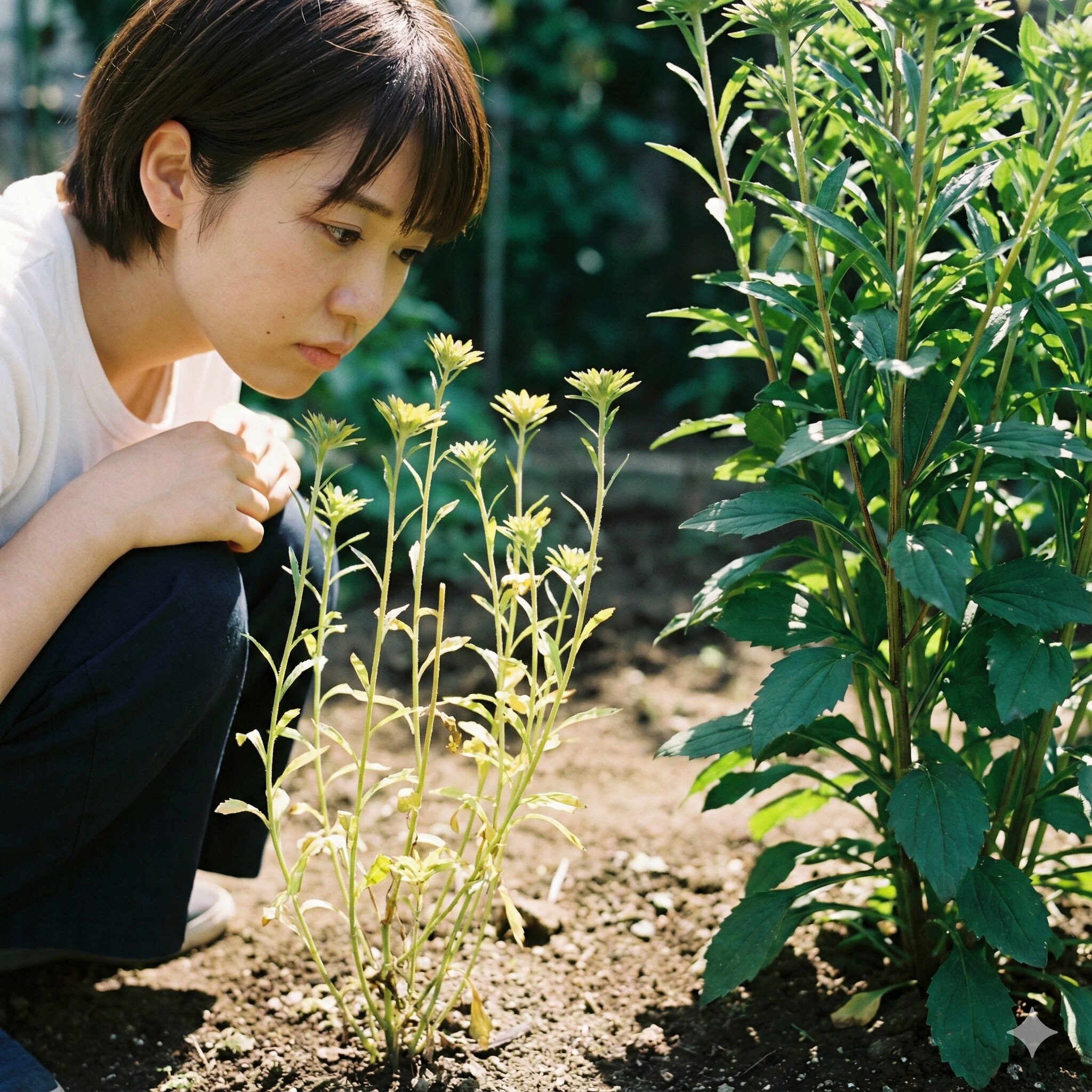 アスター 開花時期6　日当たりが悪い場所で育てた結果、茎が徒長して花が咲かない状態になったアスターの失敗例。