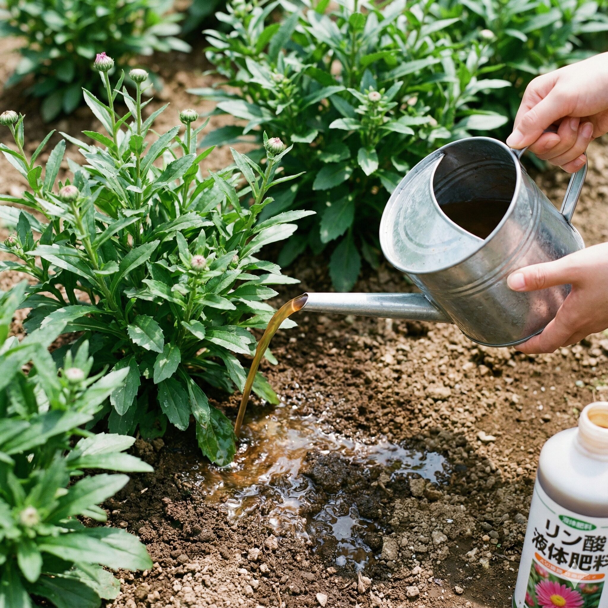 アスター 開花時期7　アスターの開花を促進するために、蕾が見え始めた時期にリン酸多めの液体肥料を与えている様子。
