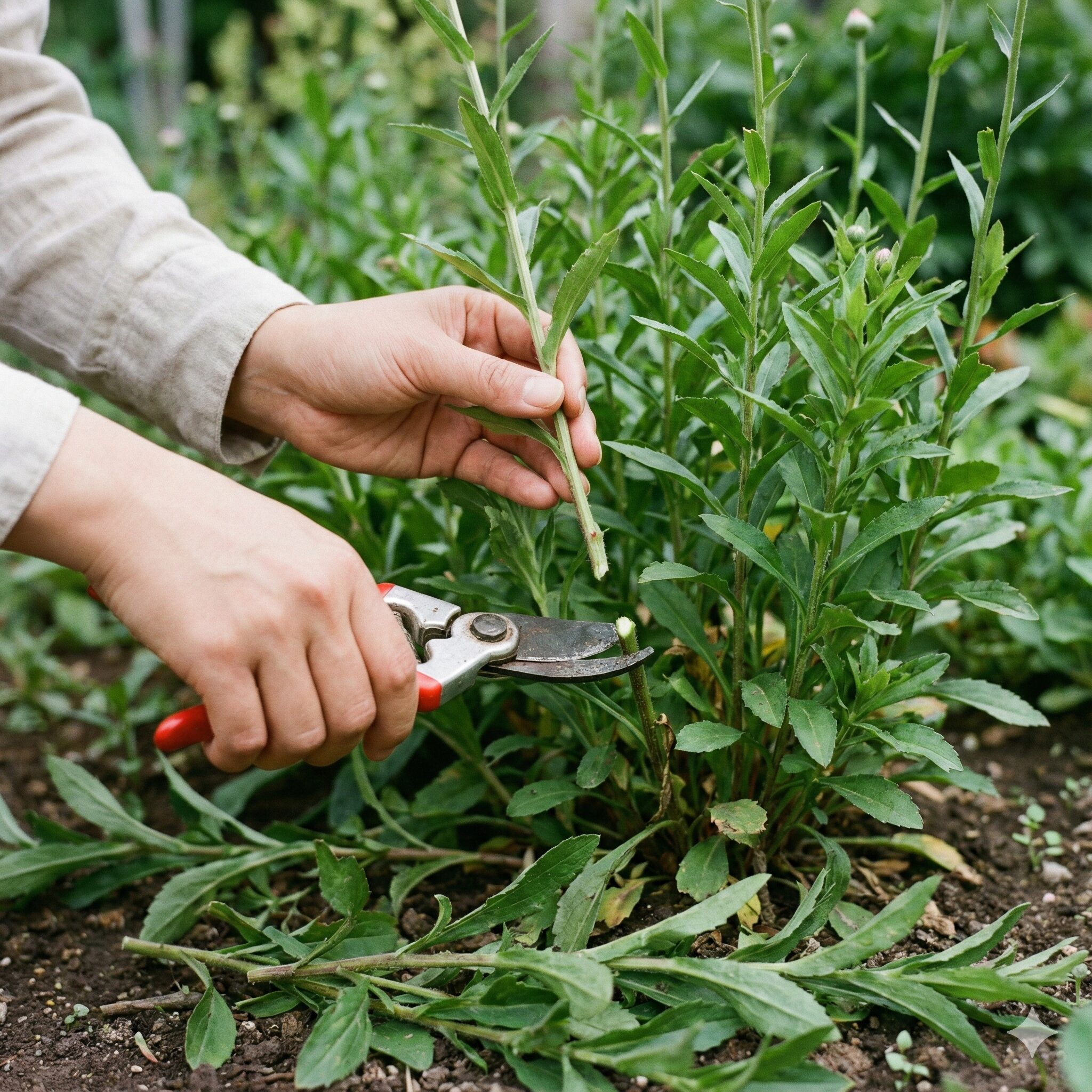 アスター 開花時期9　秋の開花に向けて、初夏に行う宿根アスターの切り戻し剪定の作業風景。