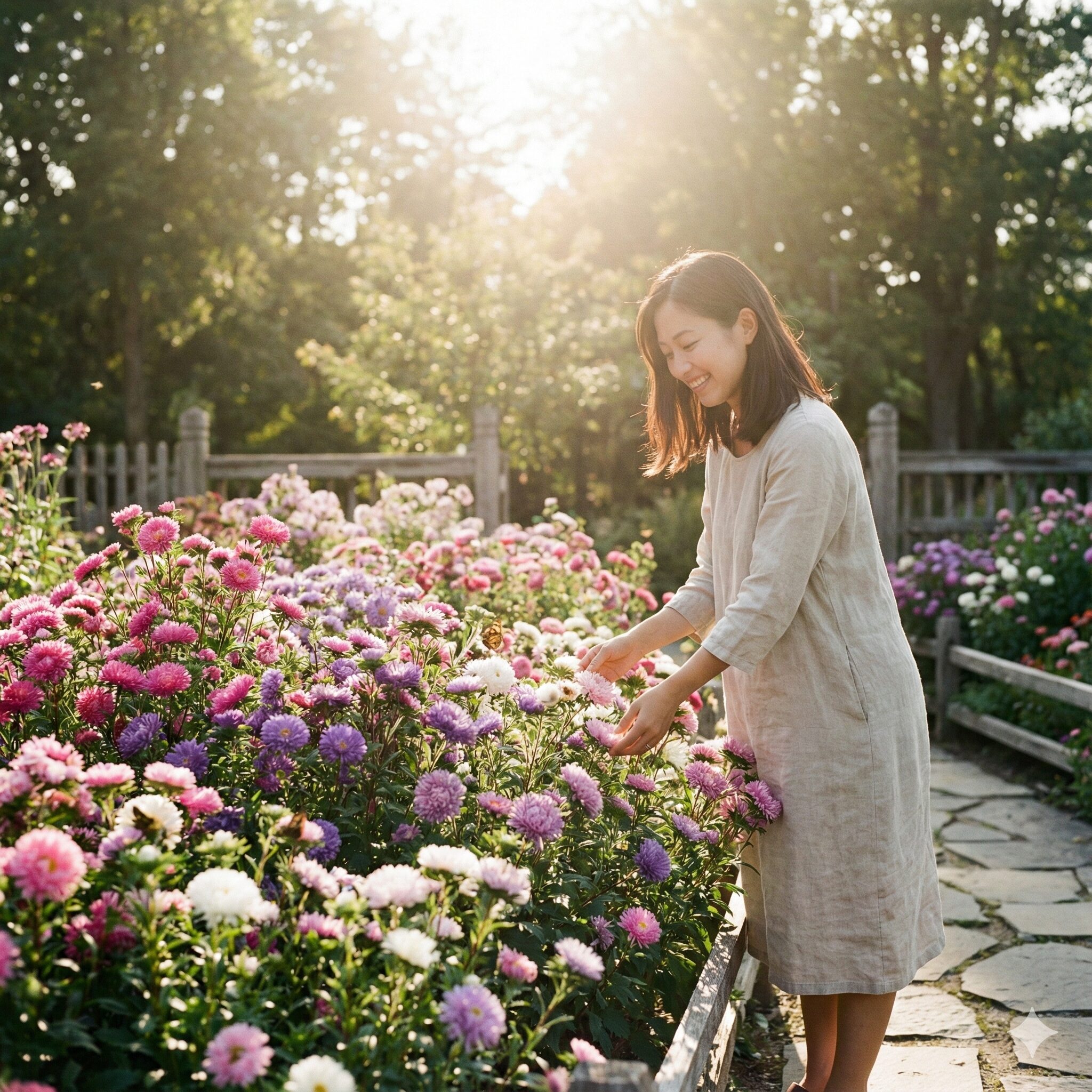 アスターの育て方 初心者1　庭で満開に咲く色とりどりのアスター（エゾギク）の花壇