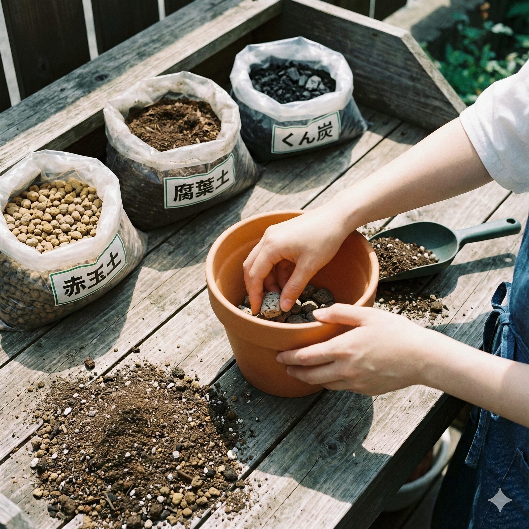 アスターの育て方 初心者3　アスターの鉢植え栽培に必要な鉢底石と水はけの良い配合土の準備