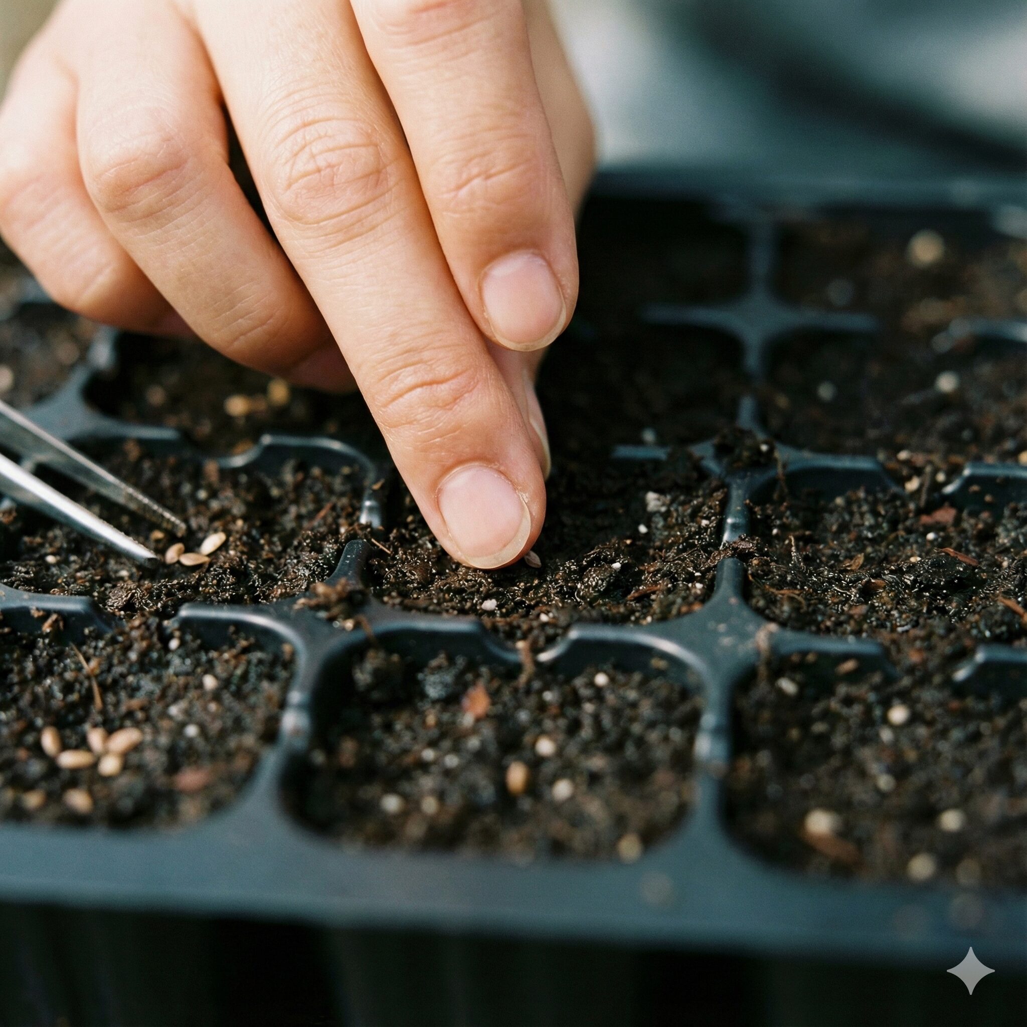 アスターの育て方 初心者4　セルトレイを使用してアスターの種まきを丁寧に行う様子
