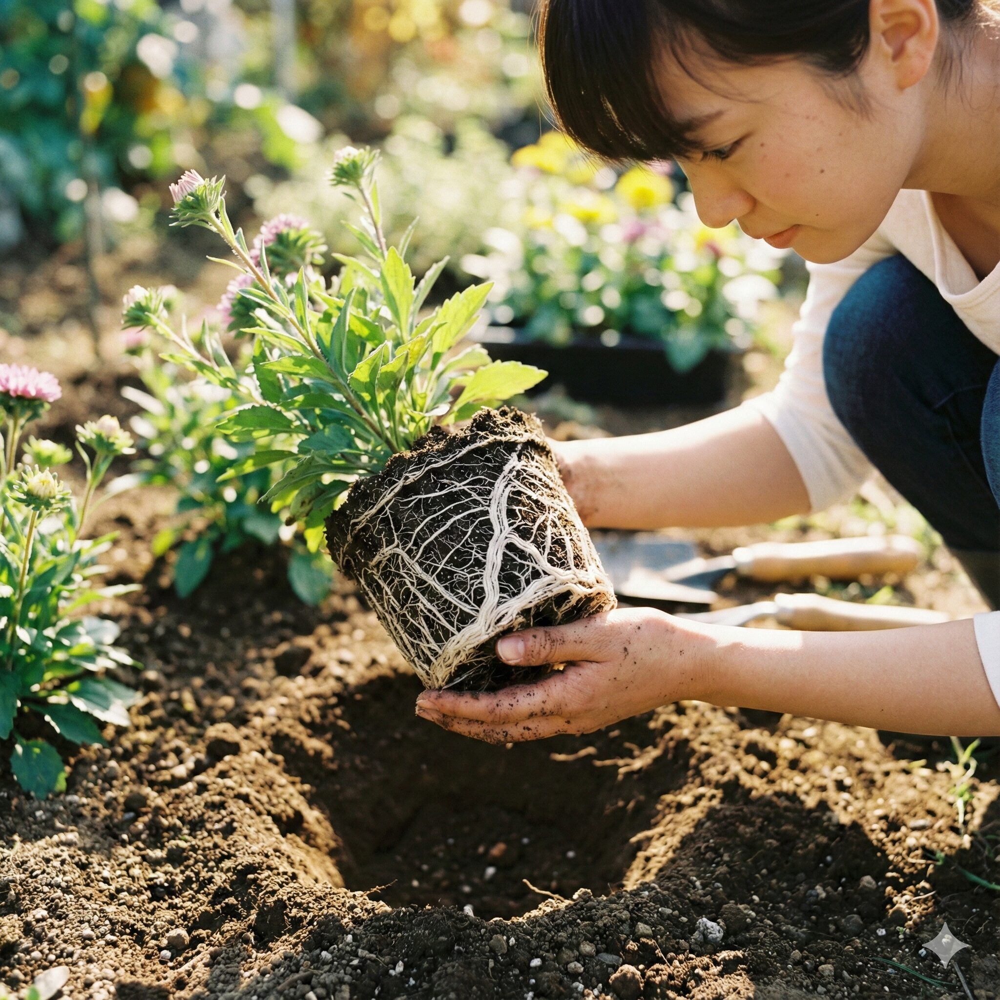 アスターの育て方 初心者5　根鉢を崩さずにアスターの苗を定植（植え付け）する正しい手順