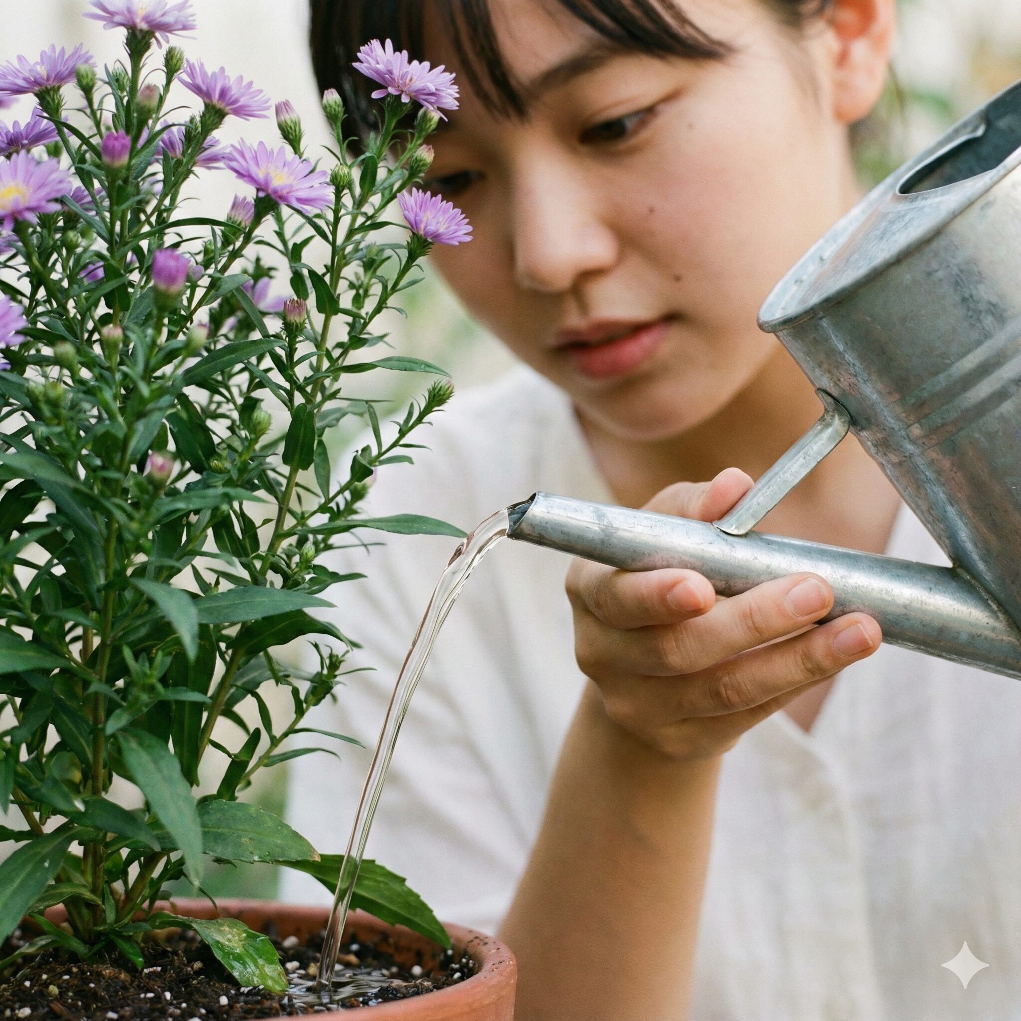 アスターの育て方 初心者6　泥はねや病気を防ぐためにアスターの株元へ直接水やりをする様子