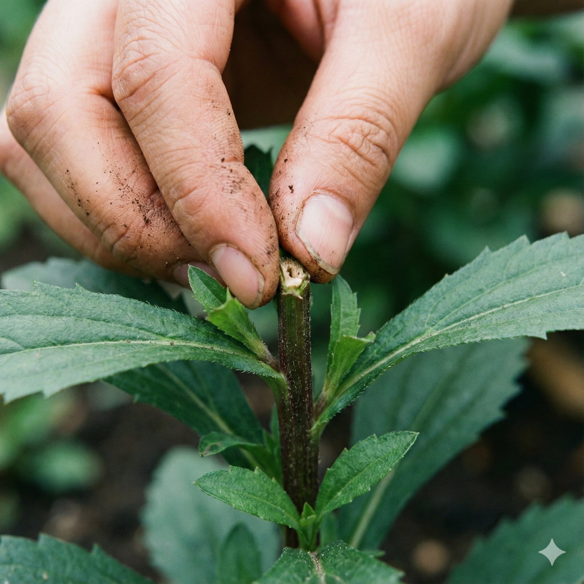 アスターの育て方 初心者7　アスターの花数を増やすために茎の先端を摘み取る摘芯（ピンチ）の作業