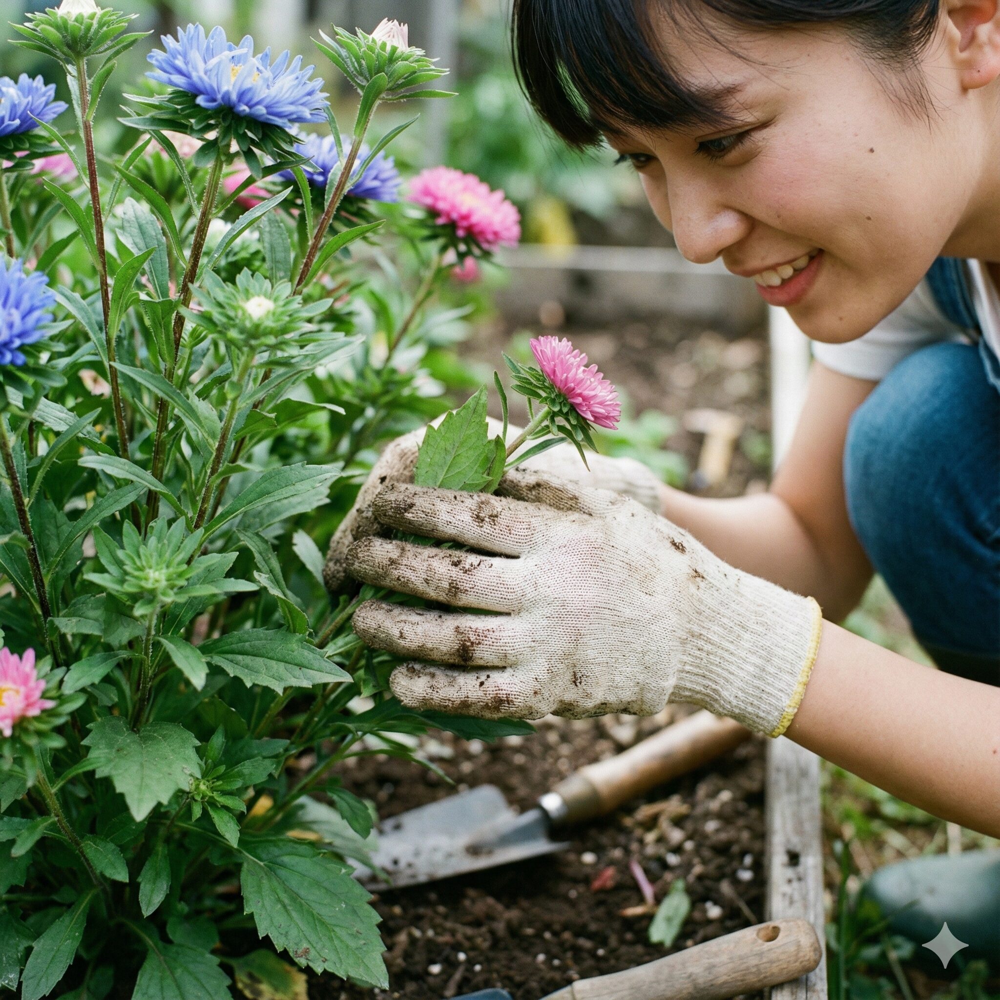 アスターの育て方 初心者8　アスターの病害虫を防ぐために葉の裏側を細かく観察・点検する様子