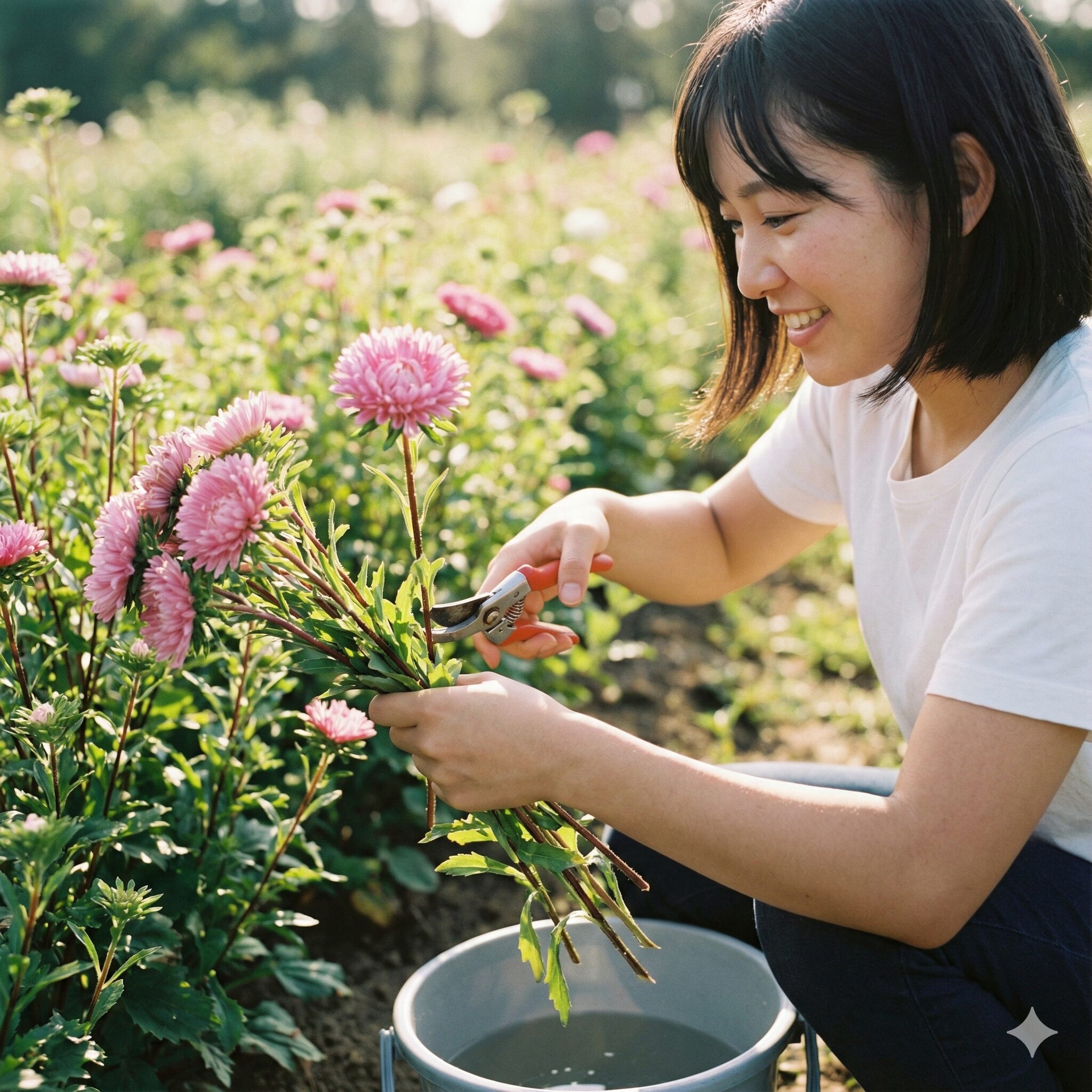 アスターの育て方 初心者9　切り花として楽しむために最適なタイミングでアスターを収穫する様子